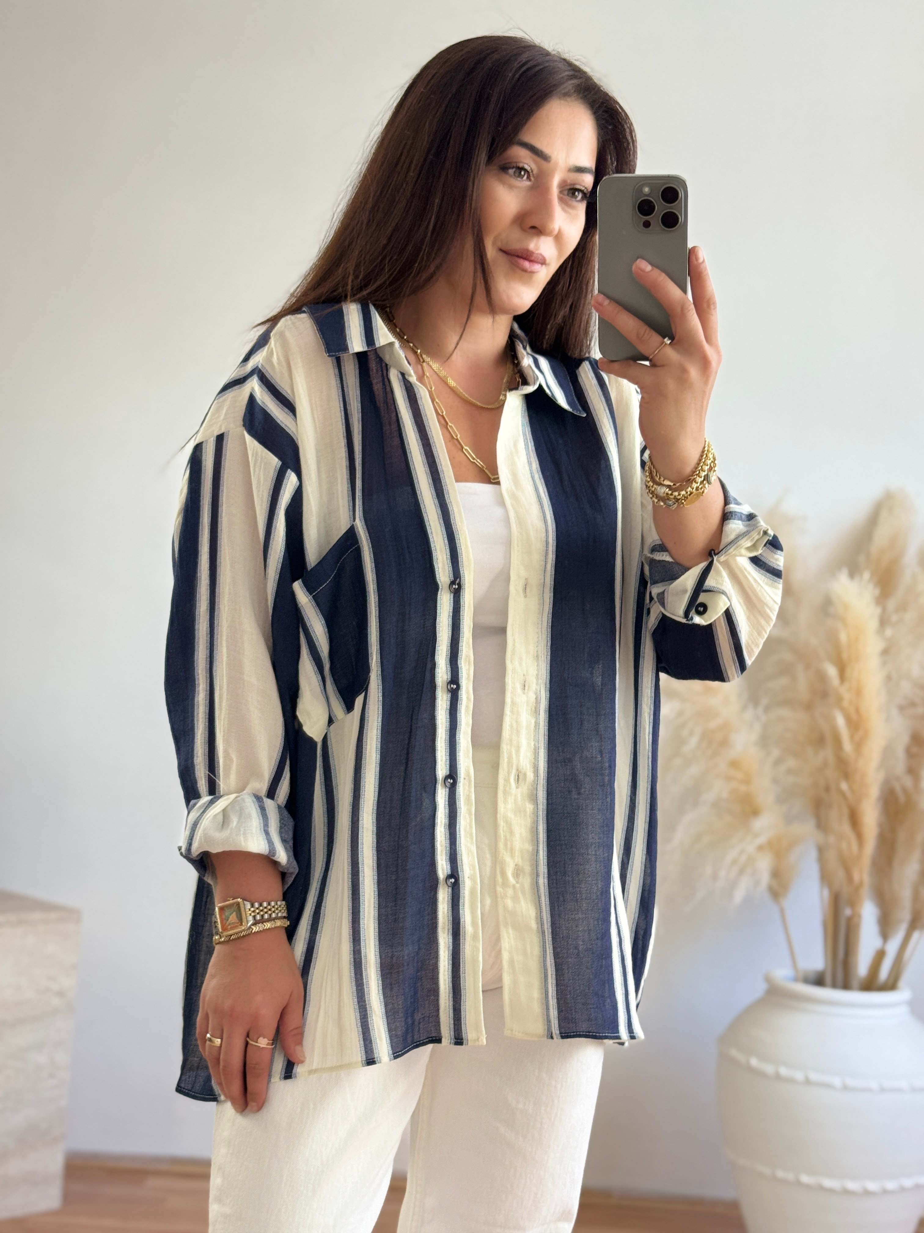 Premium Oversize Çizgili Gömlek-Lacivert