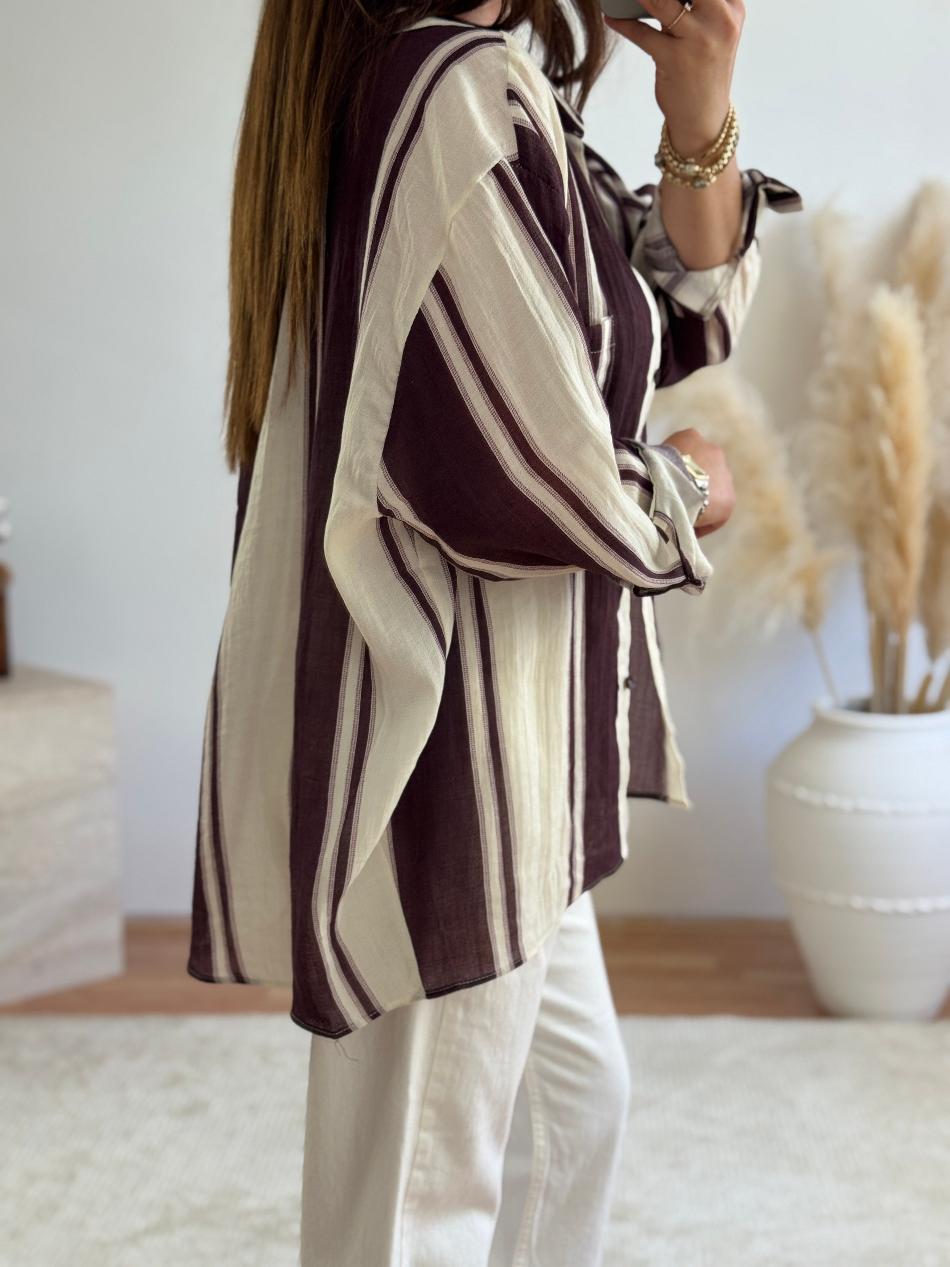 Premium Oversize Çizgili Gömlek-Mürdüm
