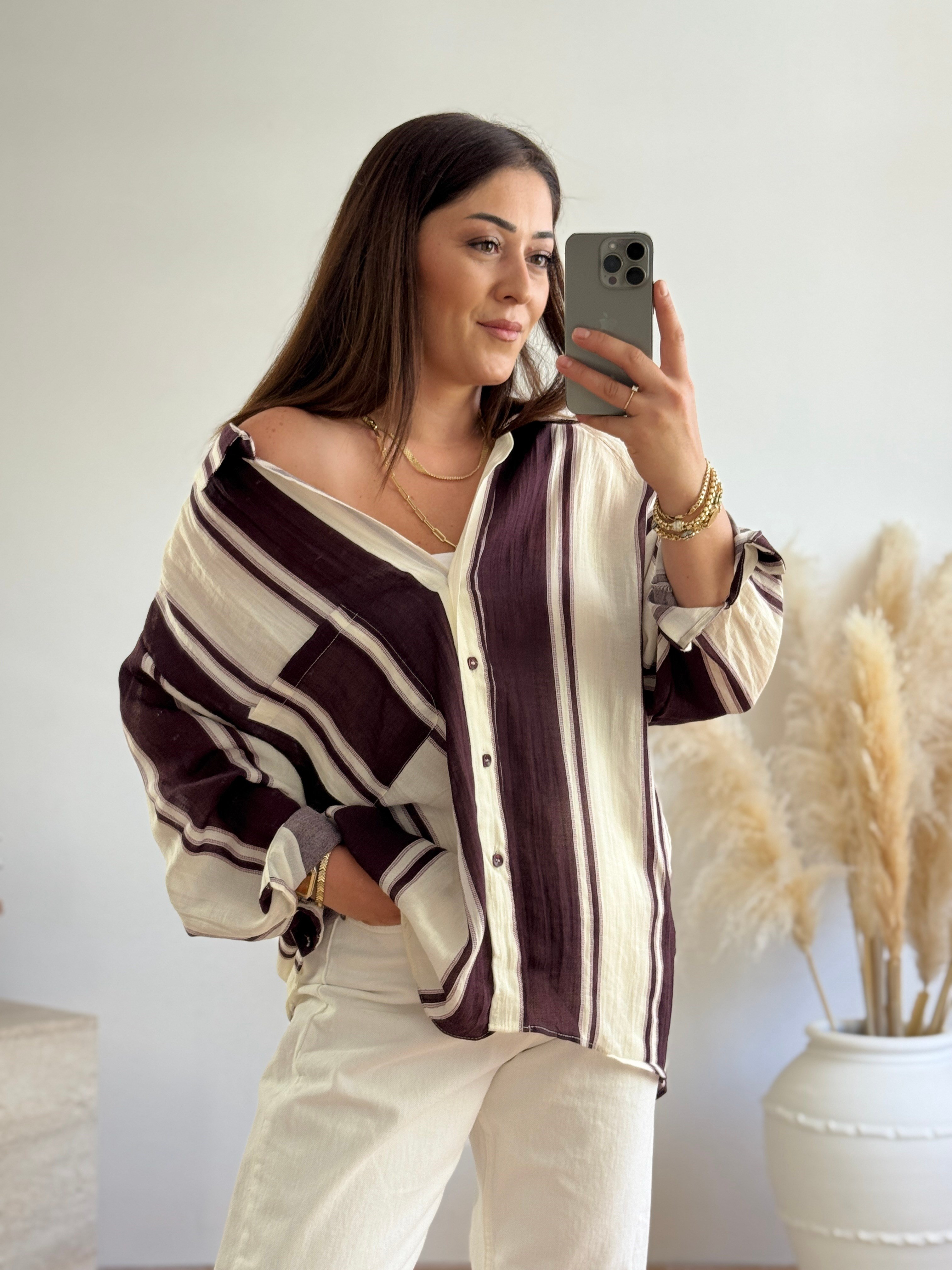 Premium Oversize Çizgili Gömlek-Mürdüm