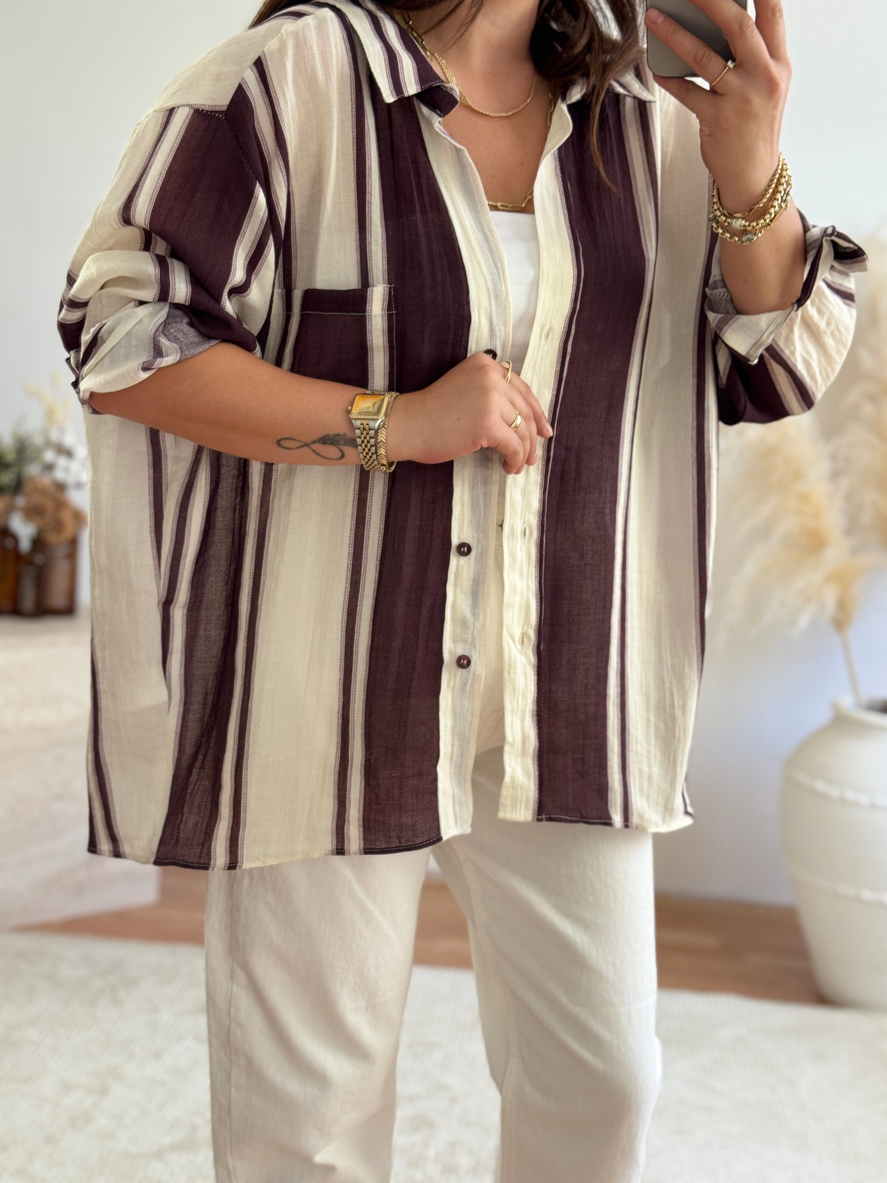 Premium Oversize Çizgili Gömlek-Mürdüm
