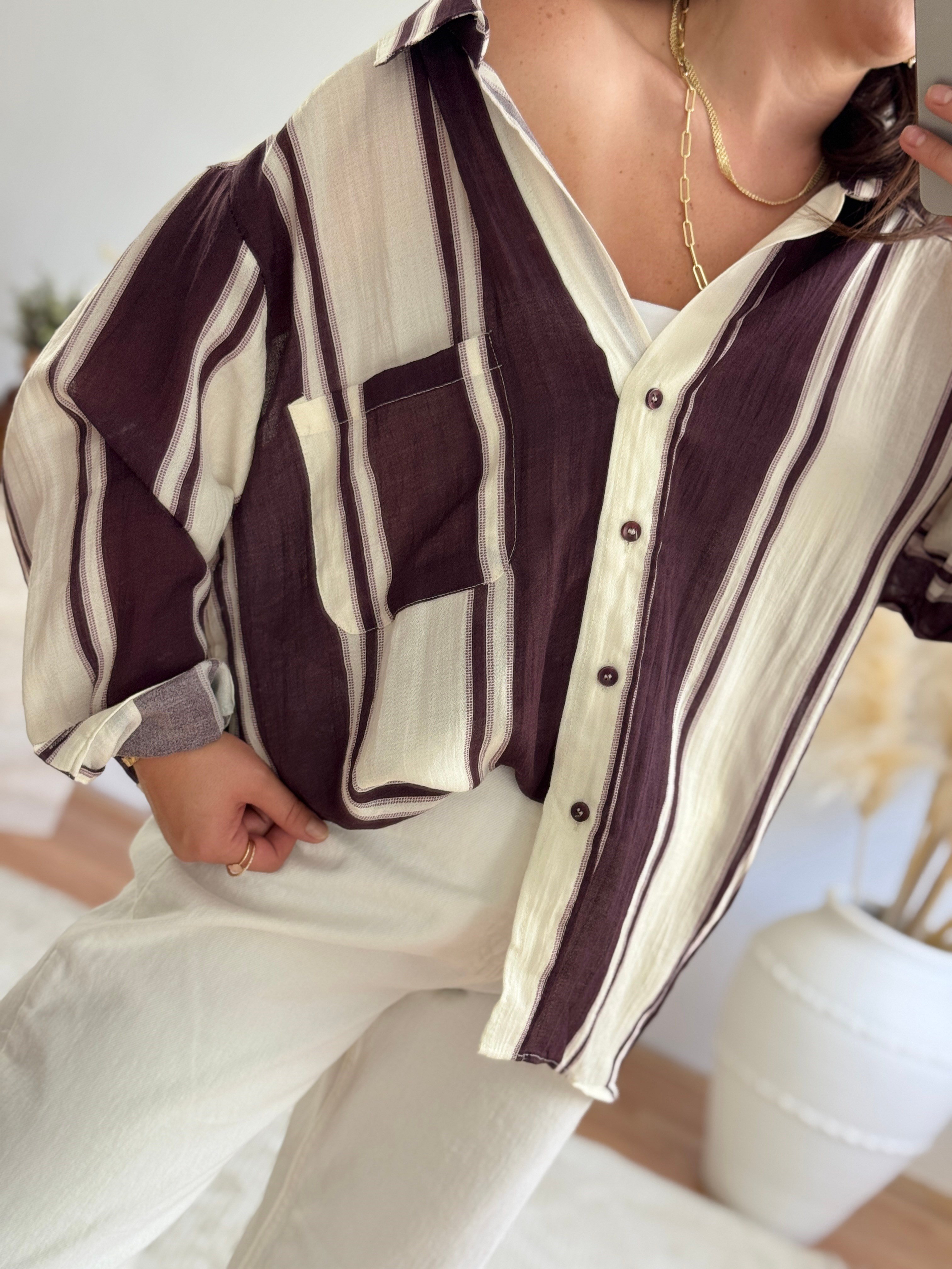 Premium Oversize Çizgili Gömlek-Mürdüm