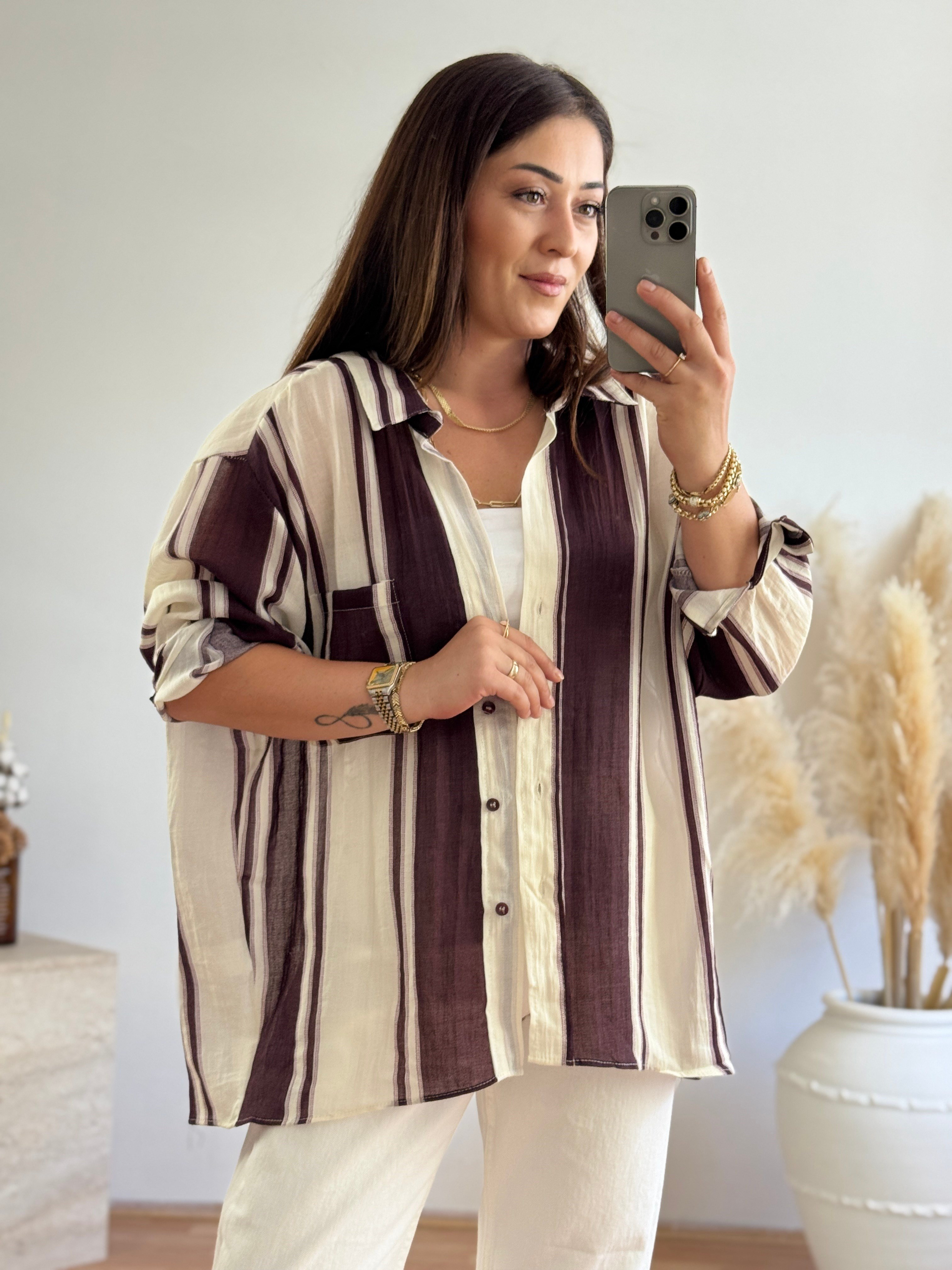 Premium Oversize Çizgili Gömlek-Mürdüm