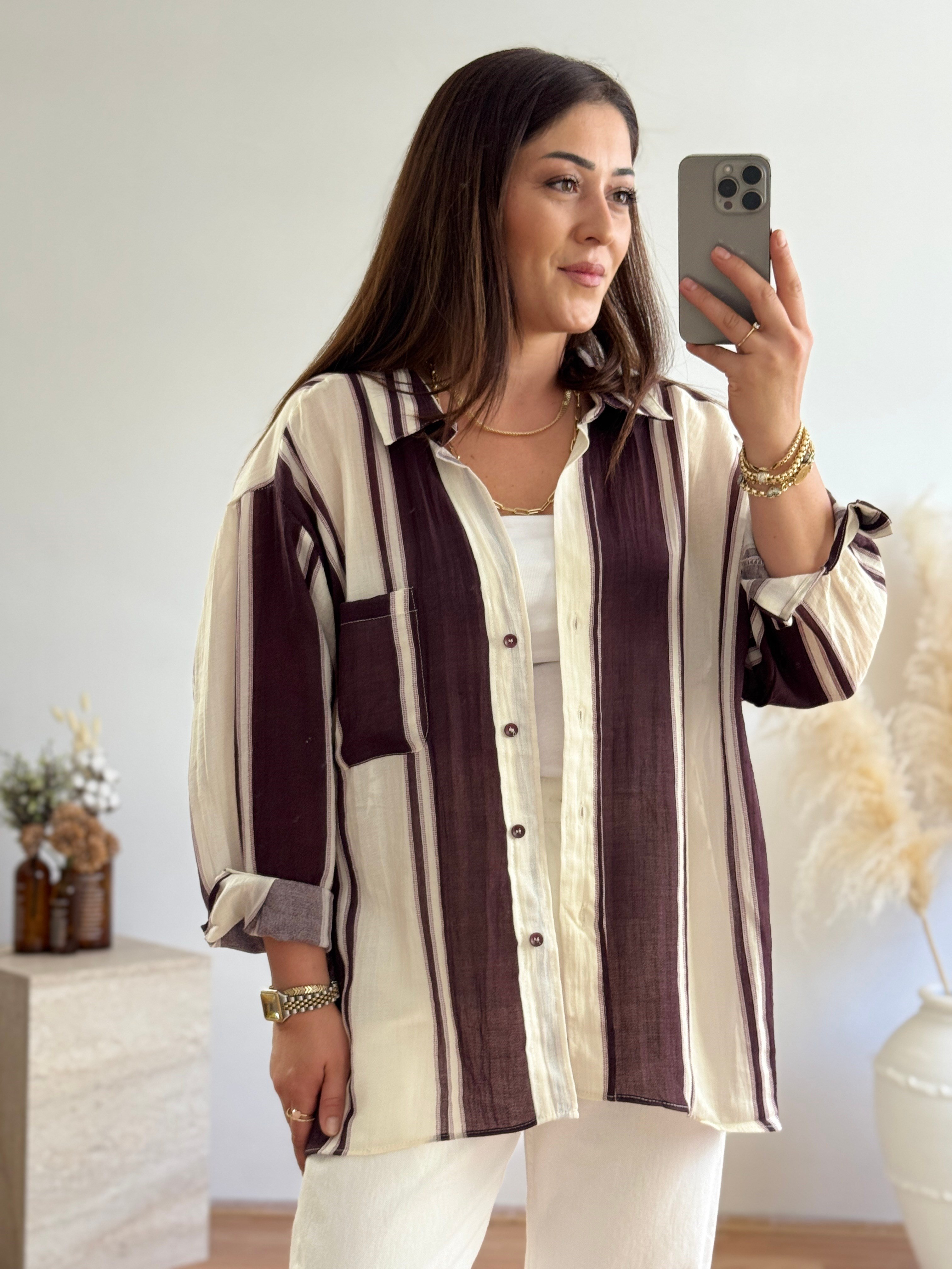 Premium Oversize Çizgili Gömlek-Mürdüm