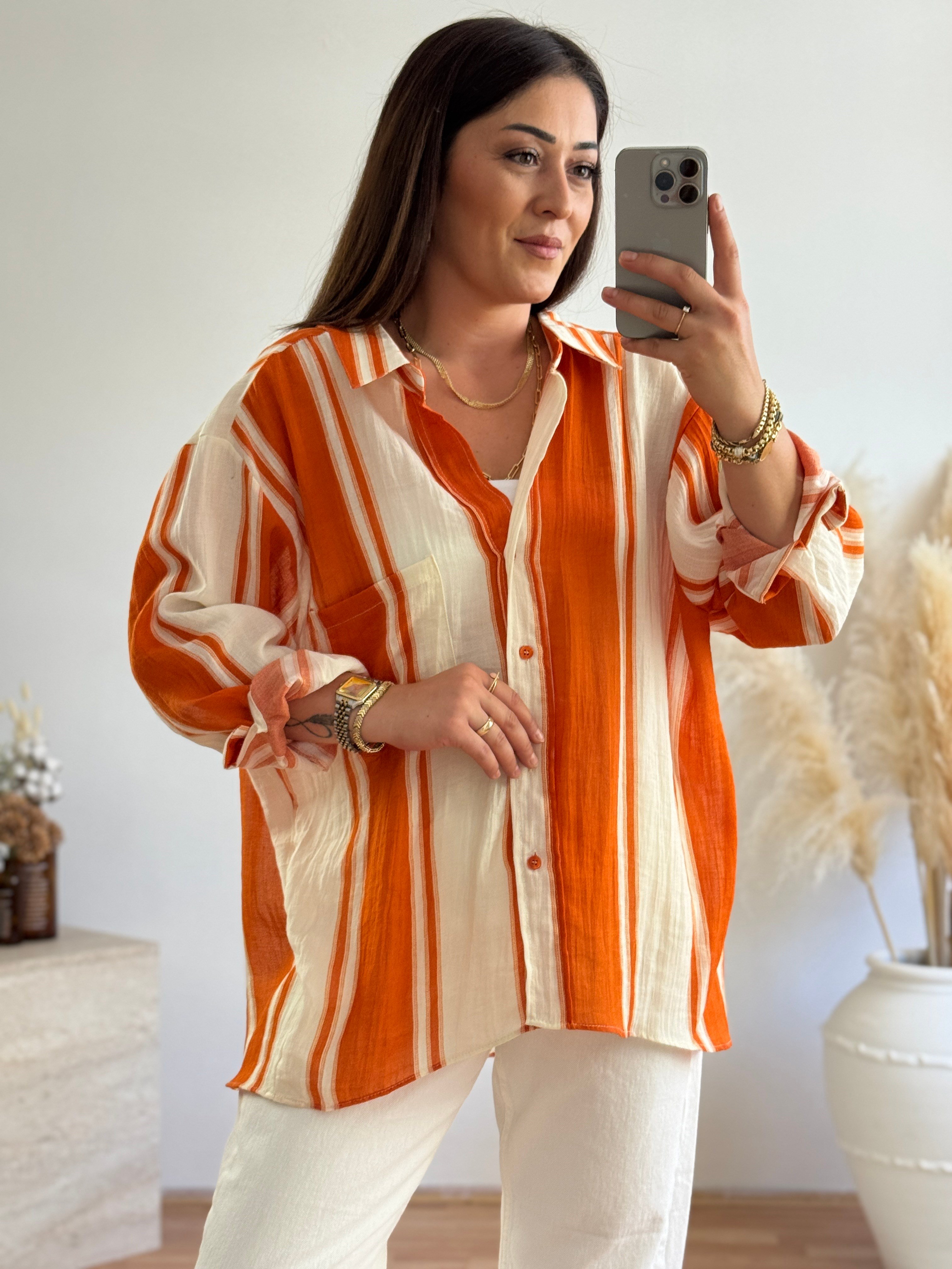 Premium Oversize Çizgili Gömlek-Turuncu