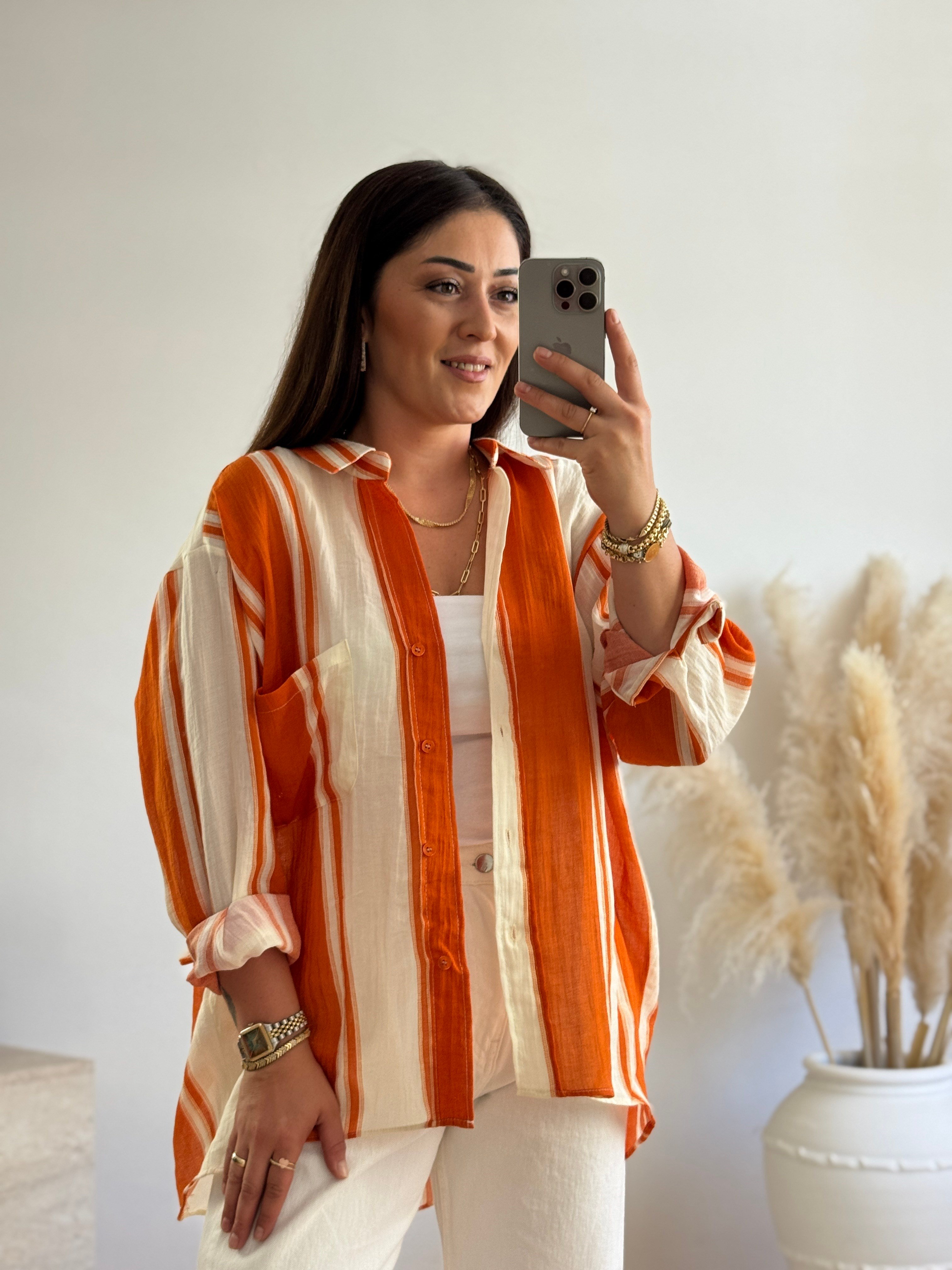 Premium Oversize Çizgili Gömlek-Turuncu