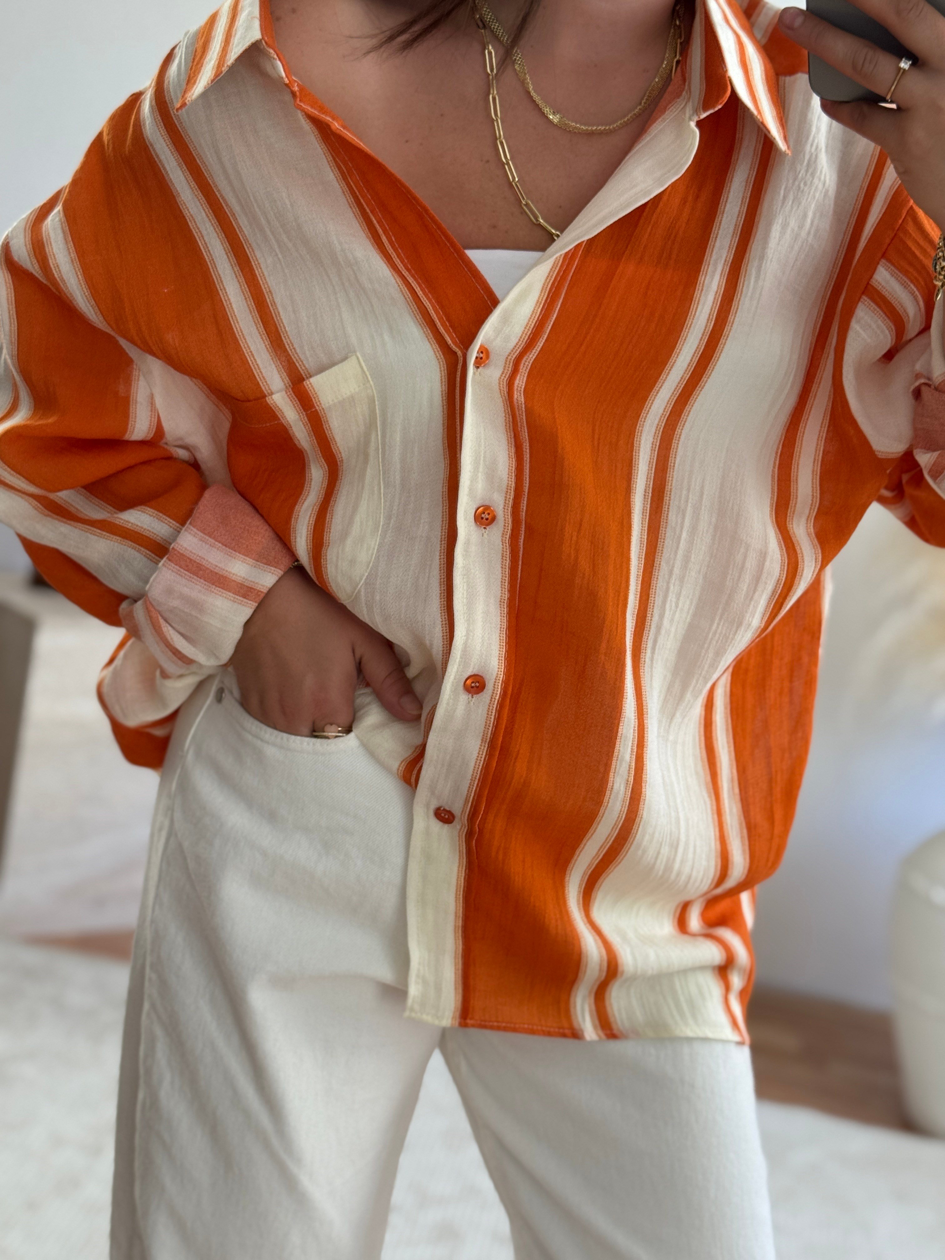Premium Oversize Çizgili Gömlek-Turuncu