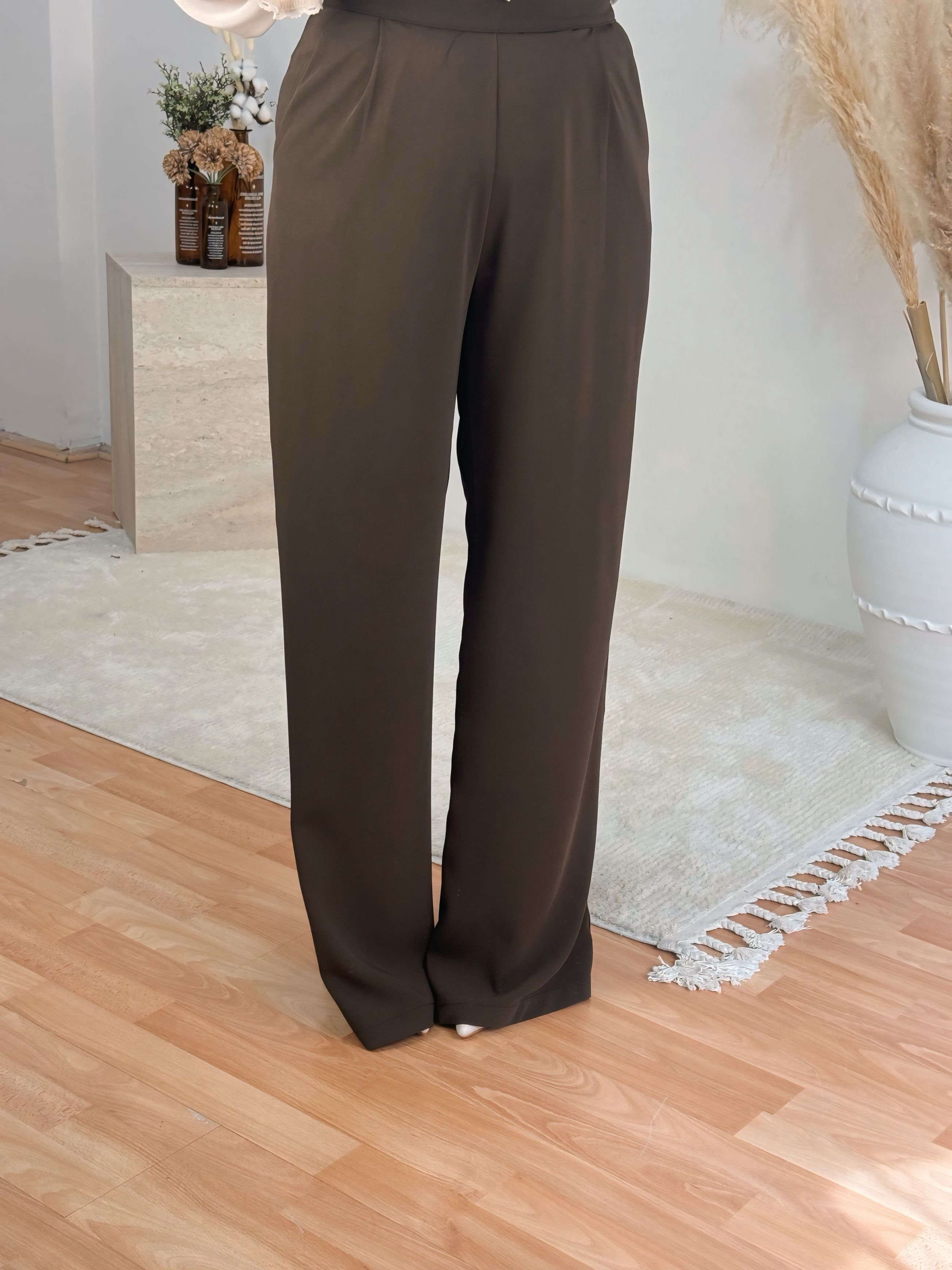 Premium Yüksek Bel Düz Paça Pantolon-Kahve