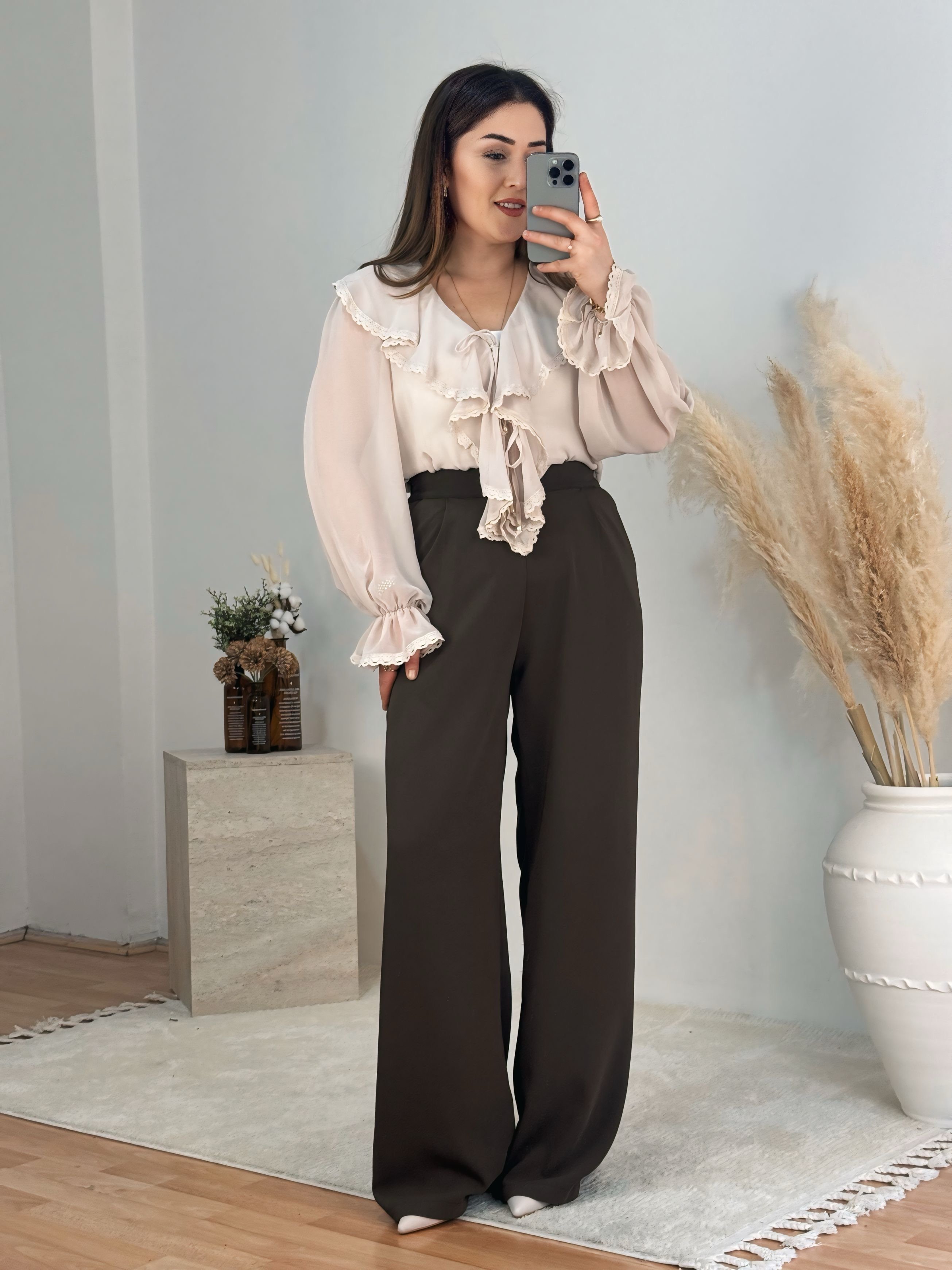 Premium Yüksek Bel Düz Paça Pantolon-Kahve