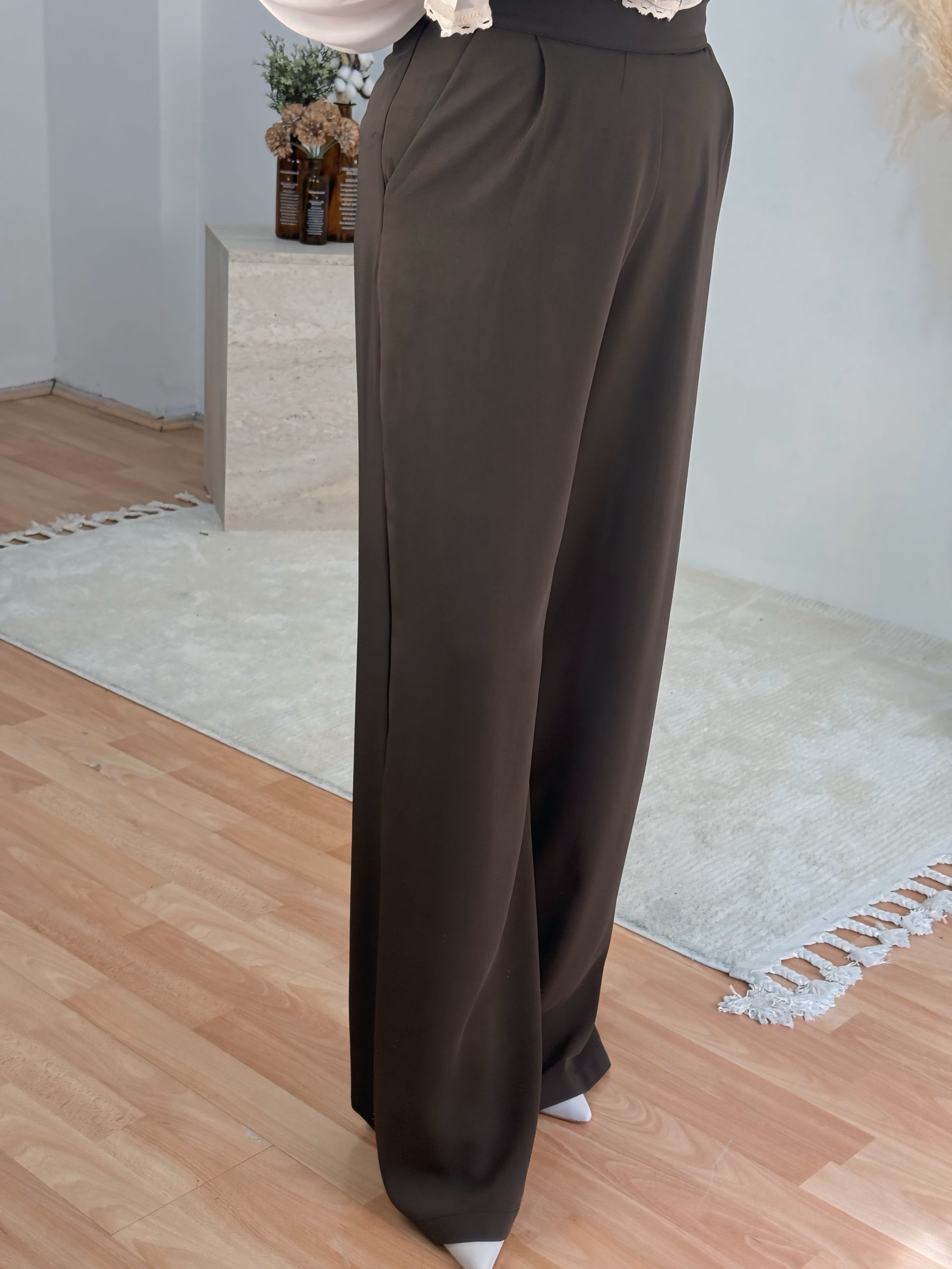 Premium Yüksek Bel Düz Paça Pantolon-Kahve