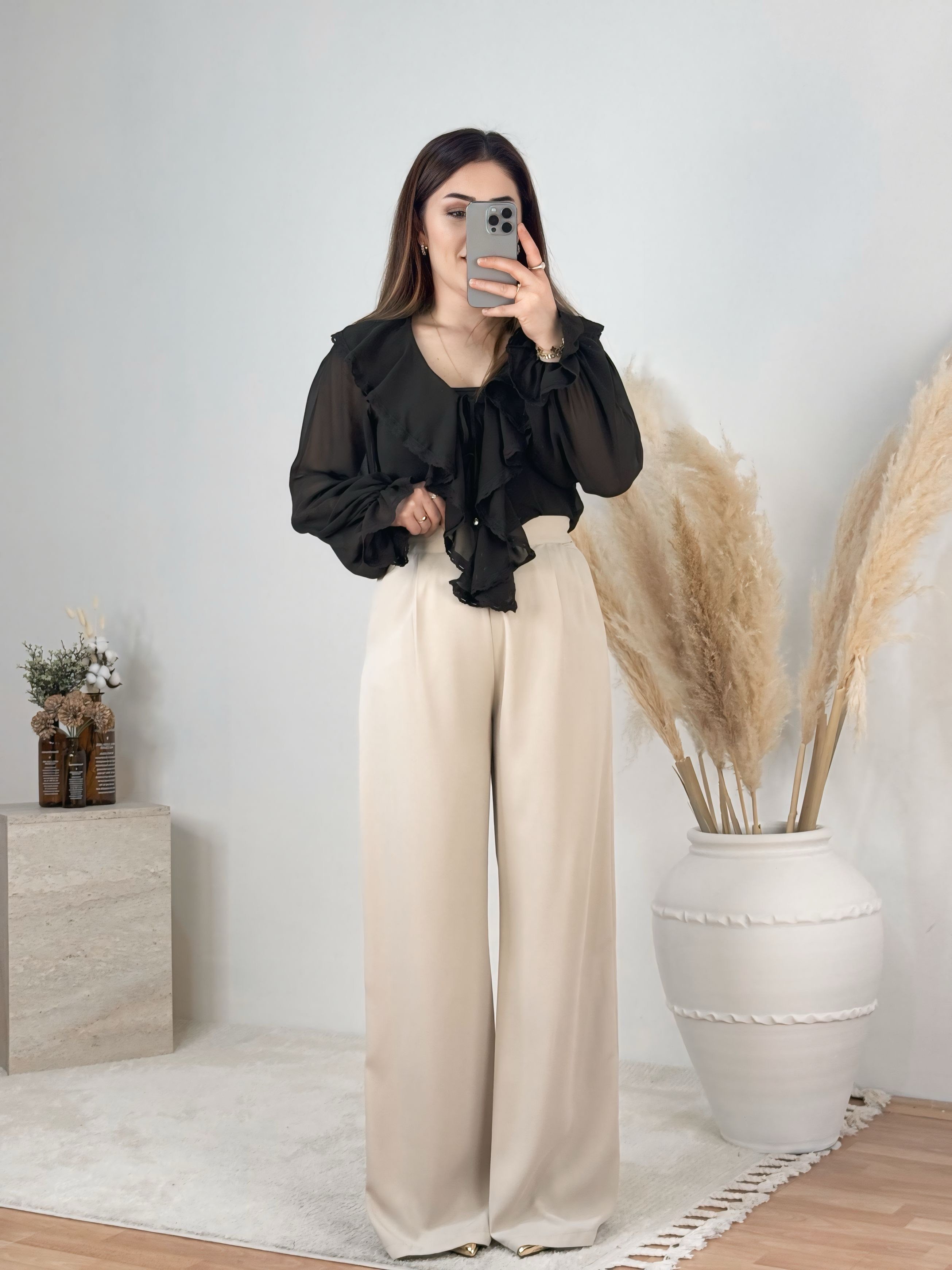 Premium Yüksek Bel Düz Paça Pantolon-Taş