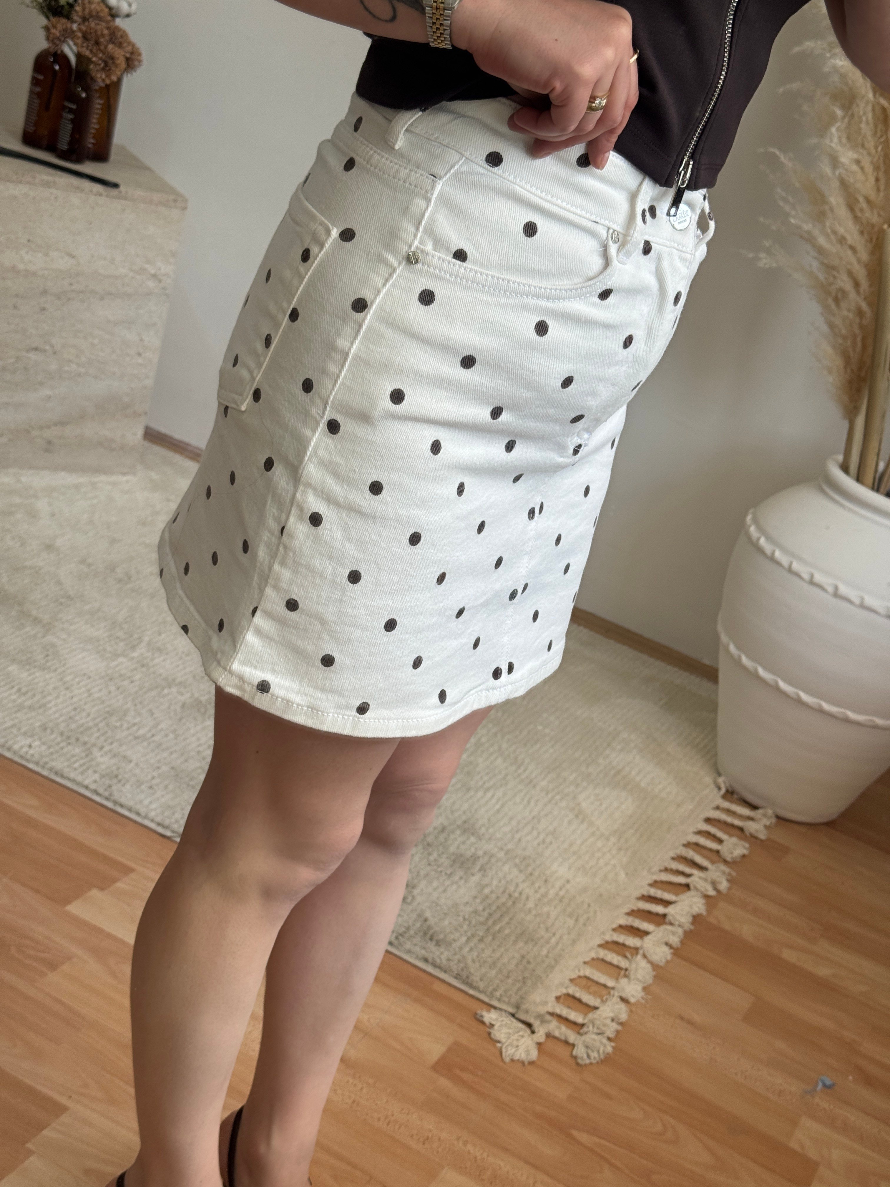 Puantiye Desenli Mini Jean Etek-Beyaz