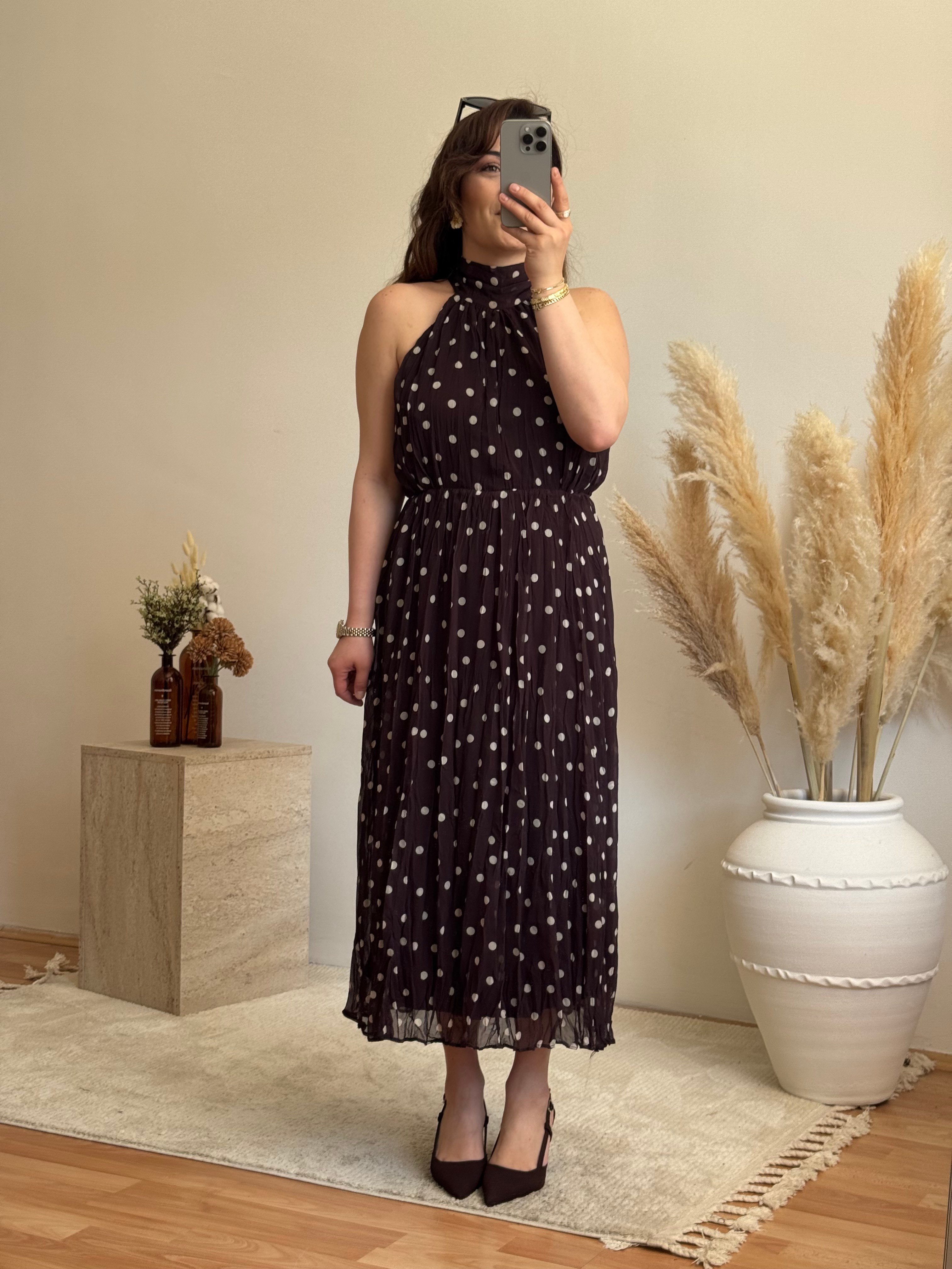 Puantiyeli Halter Yaka Elbise- Kahve