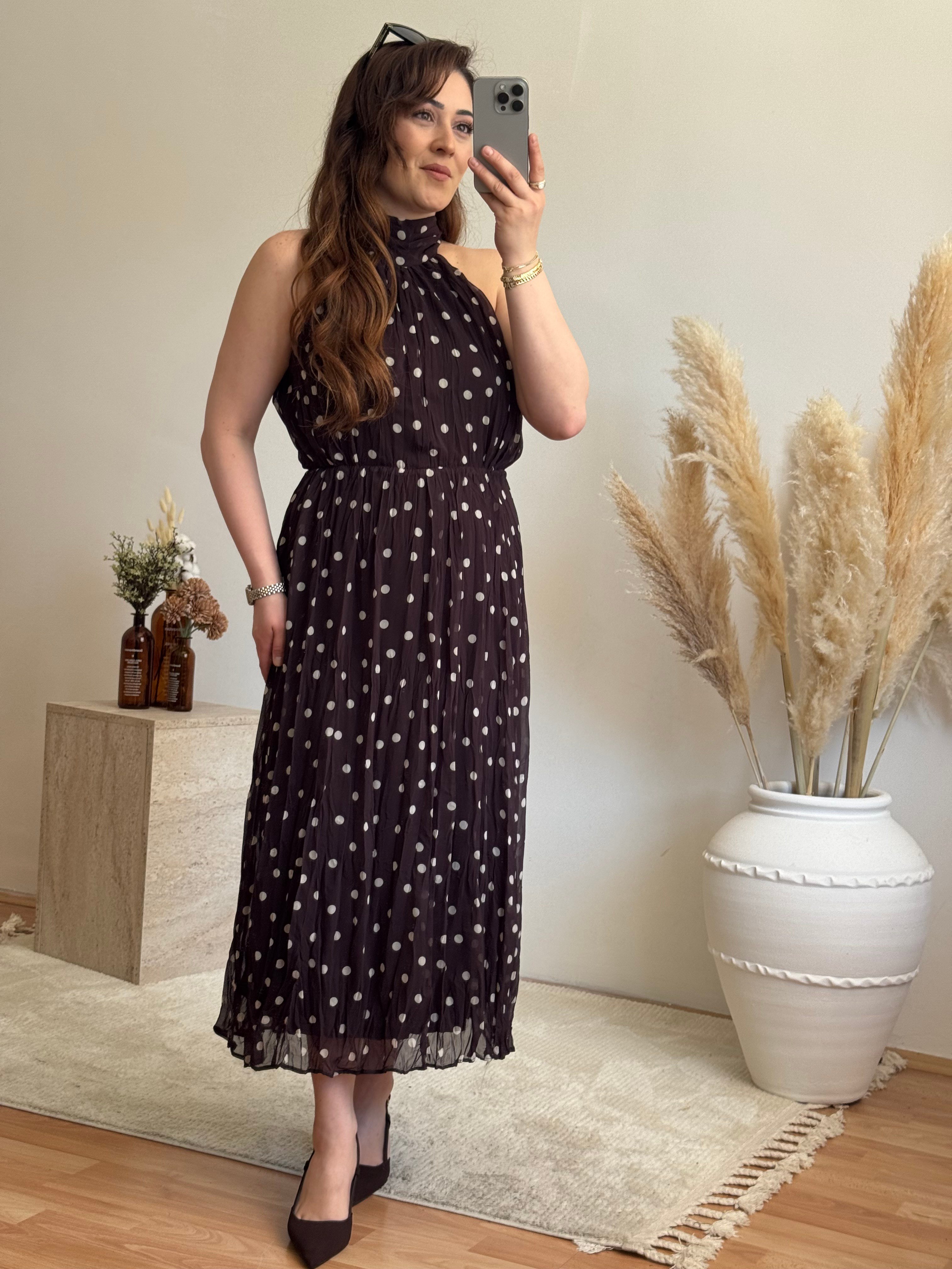 Puantiyeli Halter Yaka Elbise- Kahve