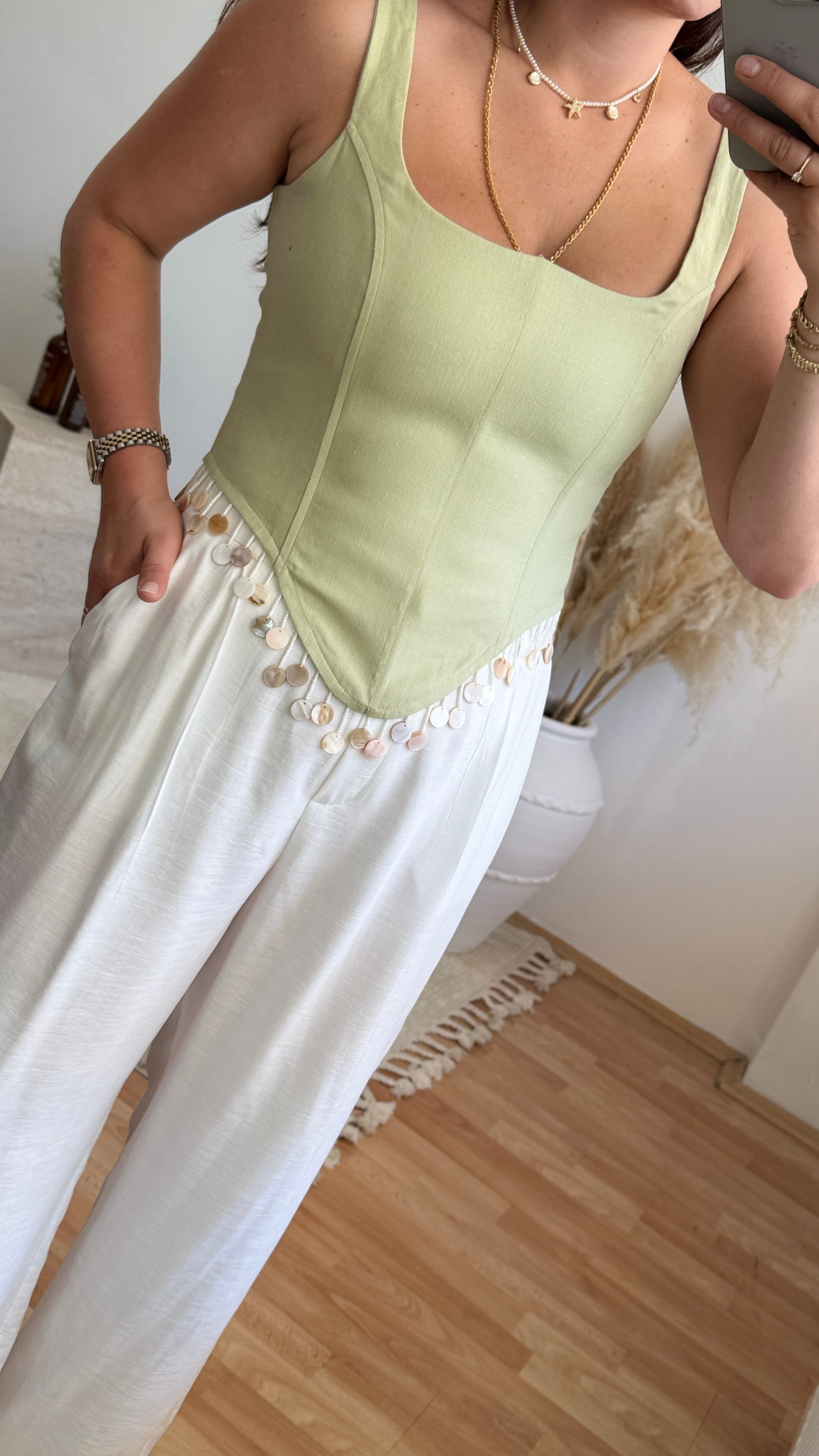Pul Detaylı Sırt Bağlamalı Büstiyer-Mint