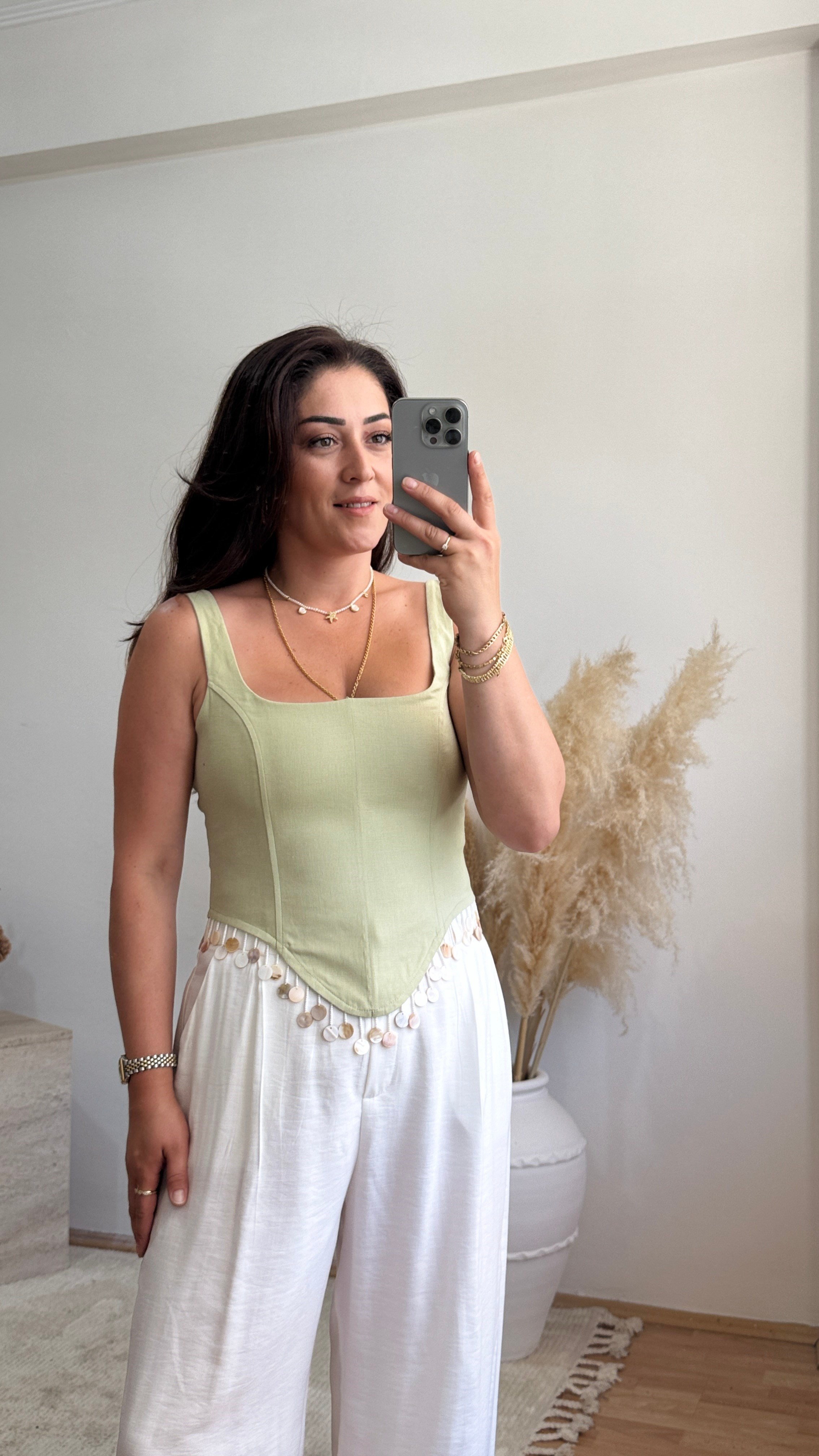 Pul Detaylı Sırt Bağlamalı Büstiyer-Mint
