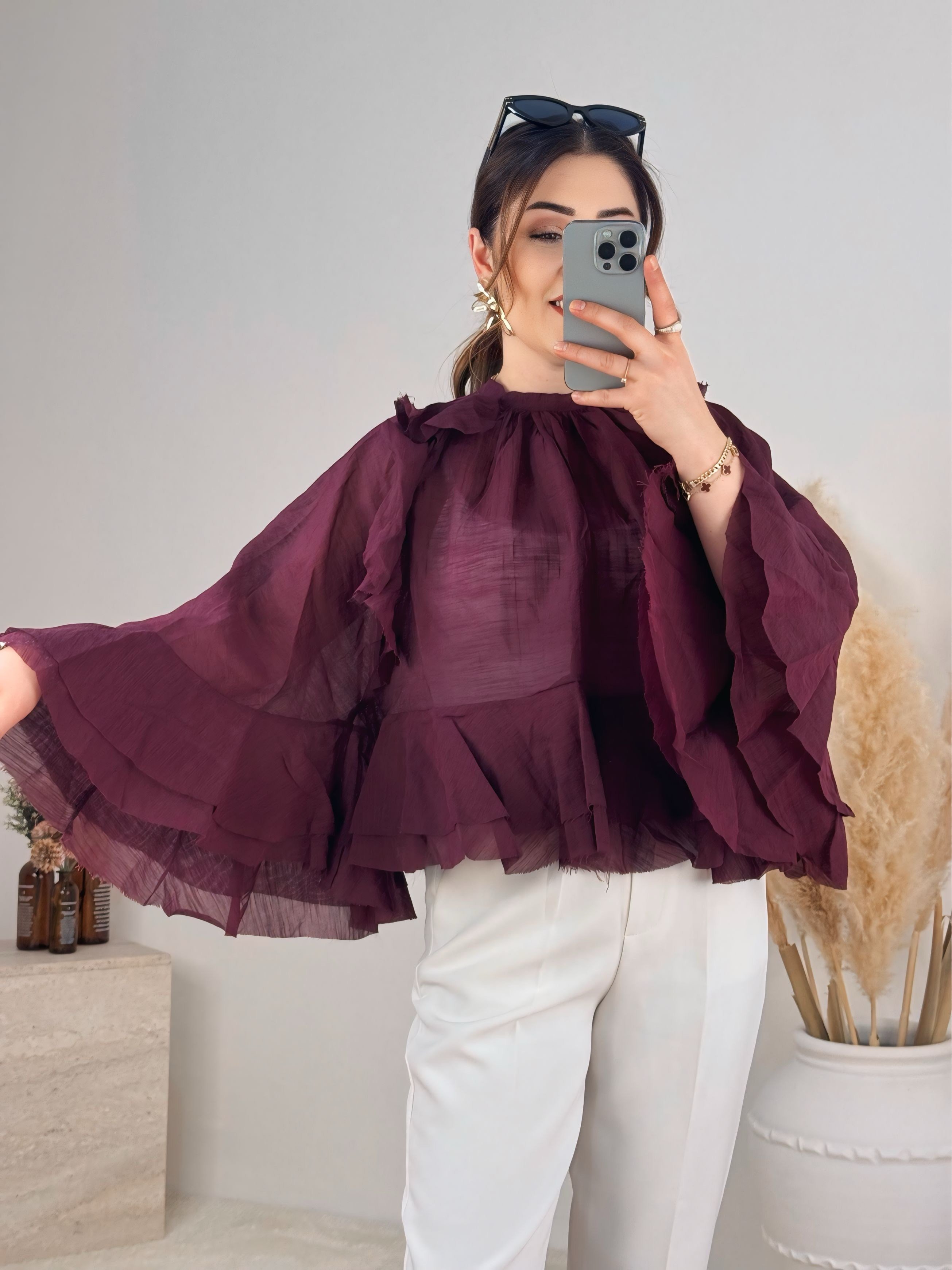 Şifon Volan Detaylı Bluz-Bordo