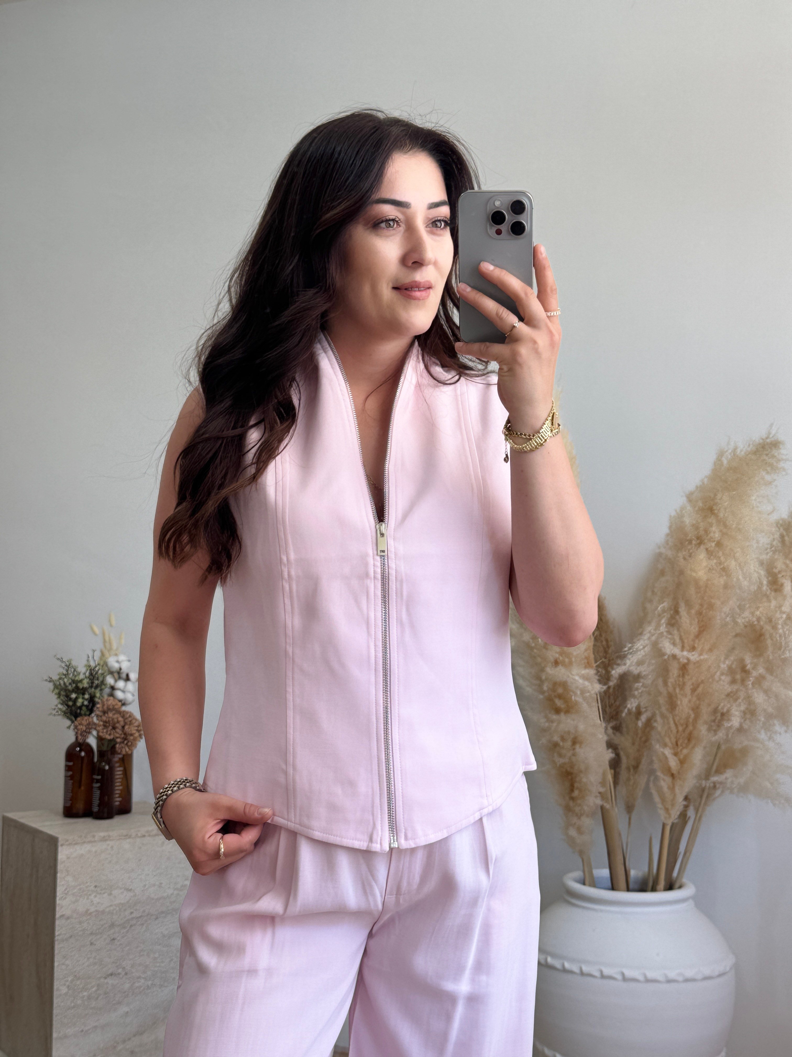 Soft Touch Fermuarlı Yelek Pantolon Takım-Pembe