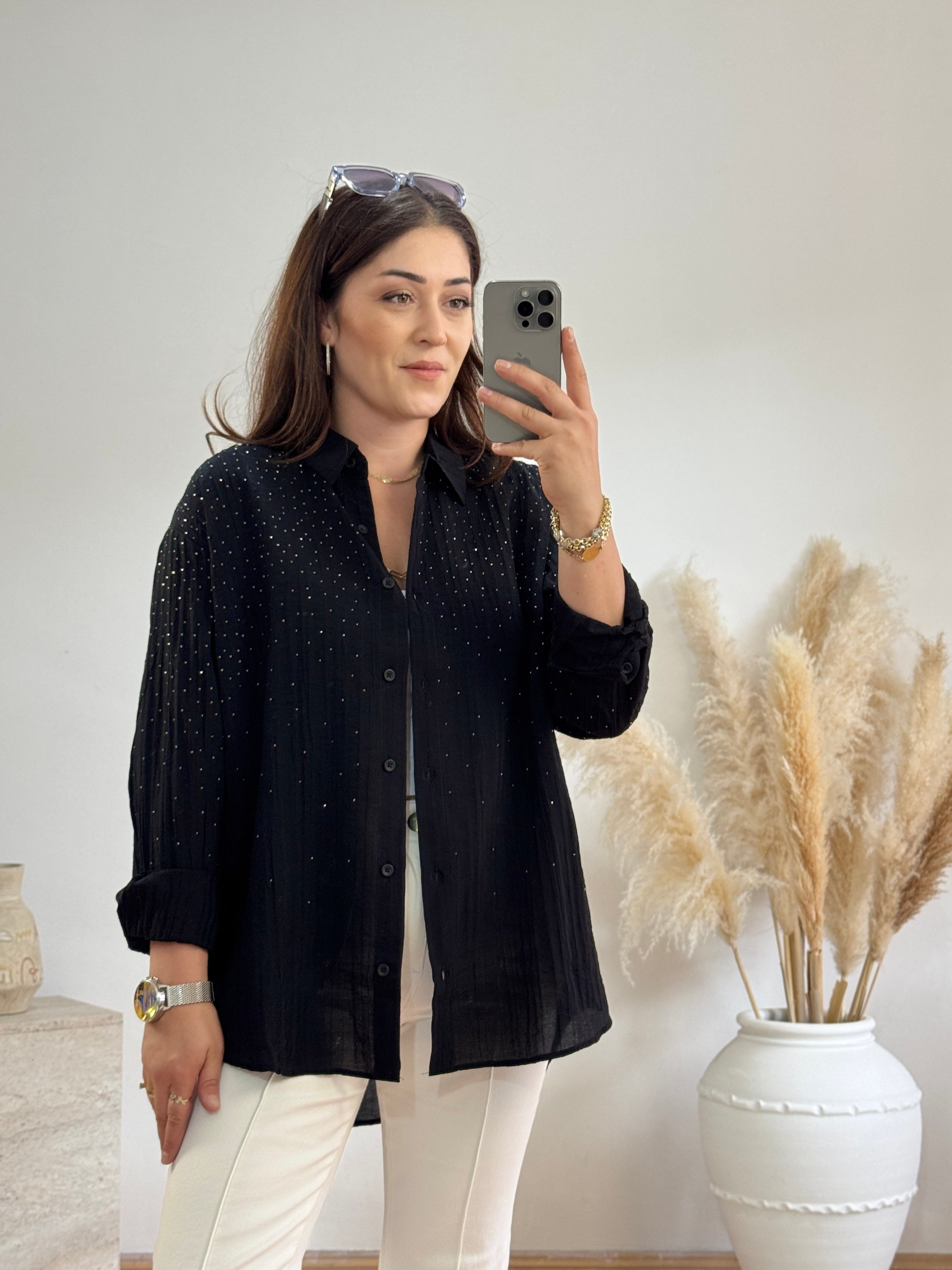 Taş İşlemeli Oversize Gömlek-Beyaz