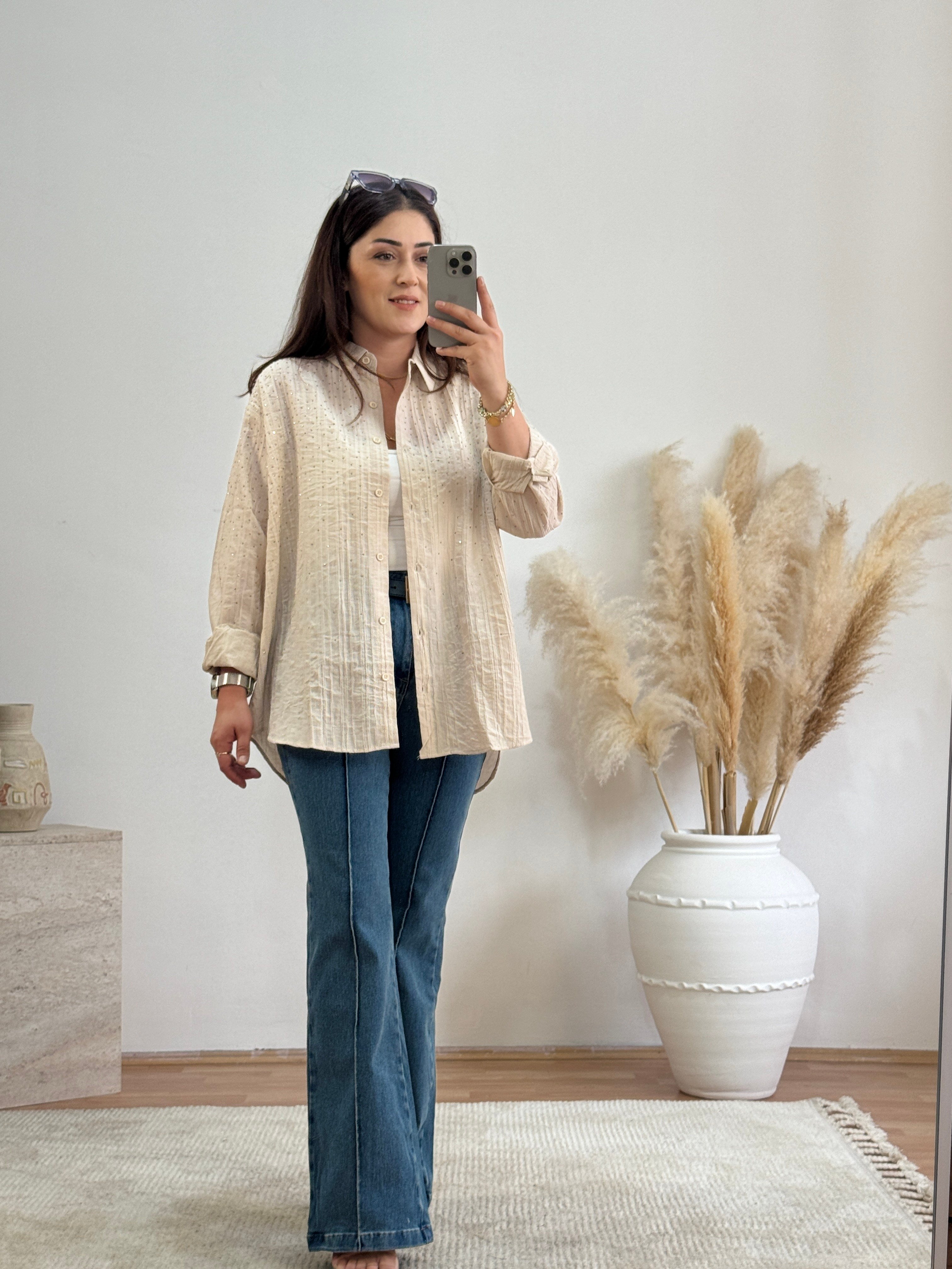 Taş İşlemeli Oversize Gömlek-Taş