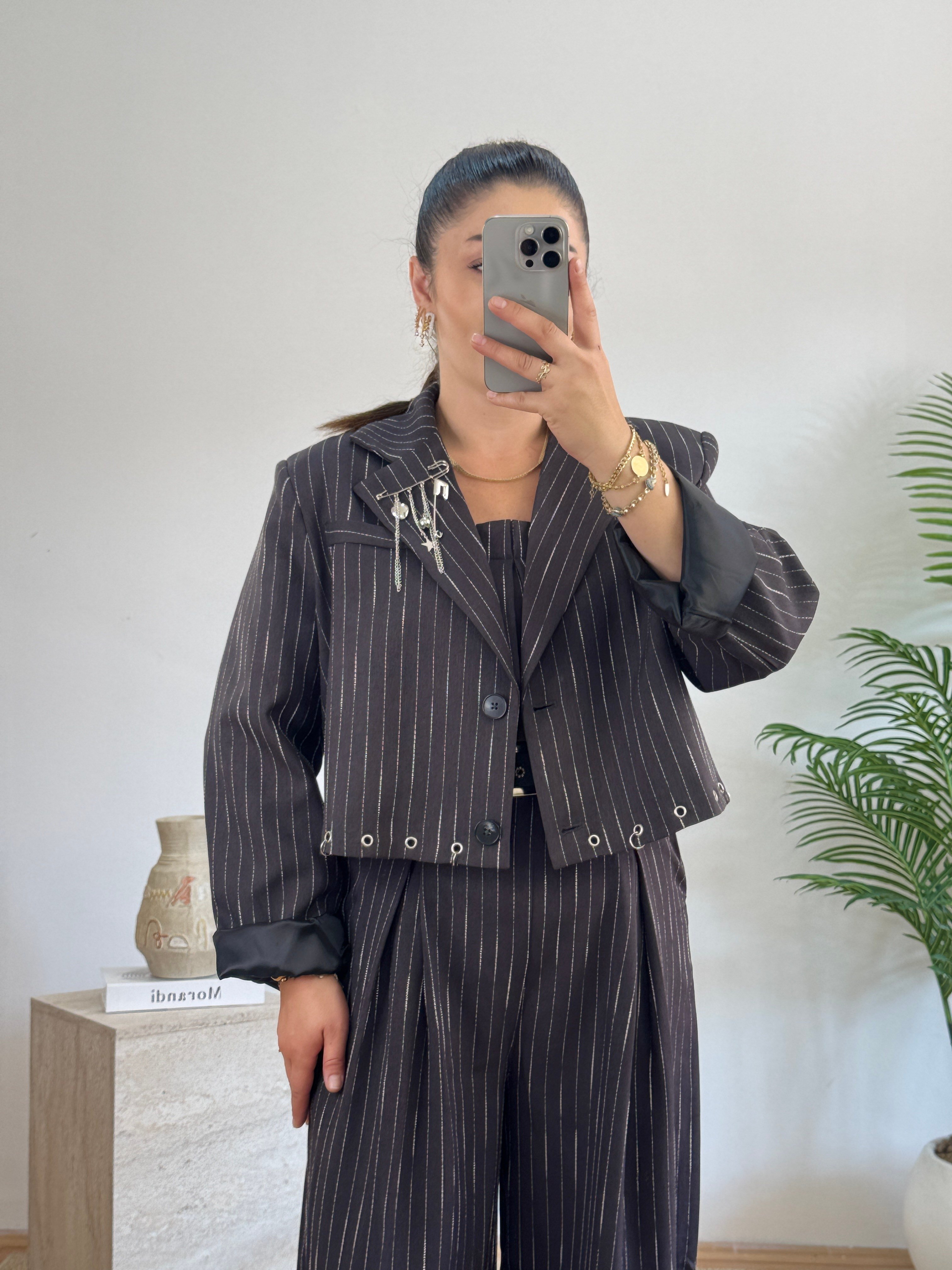 Tasarım Çizgili Blazer Ceket 