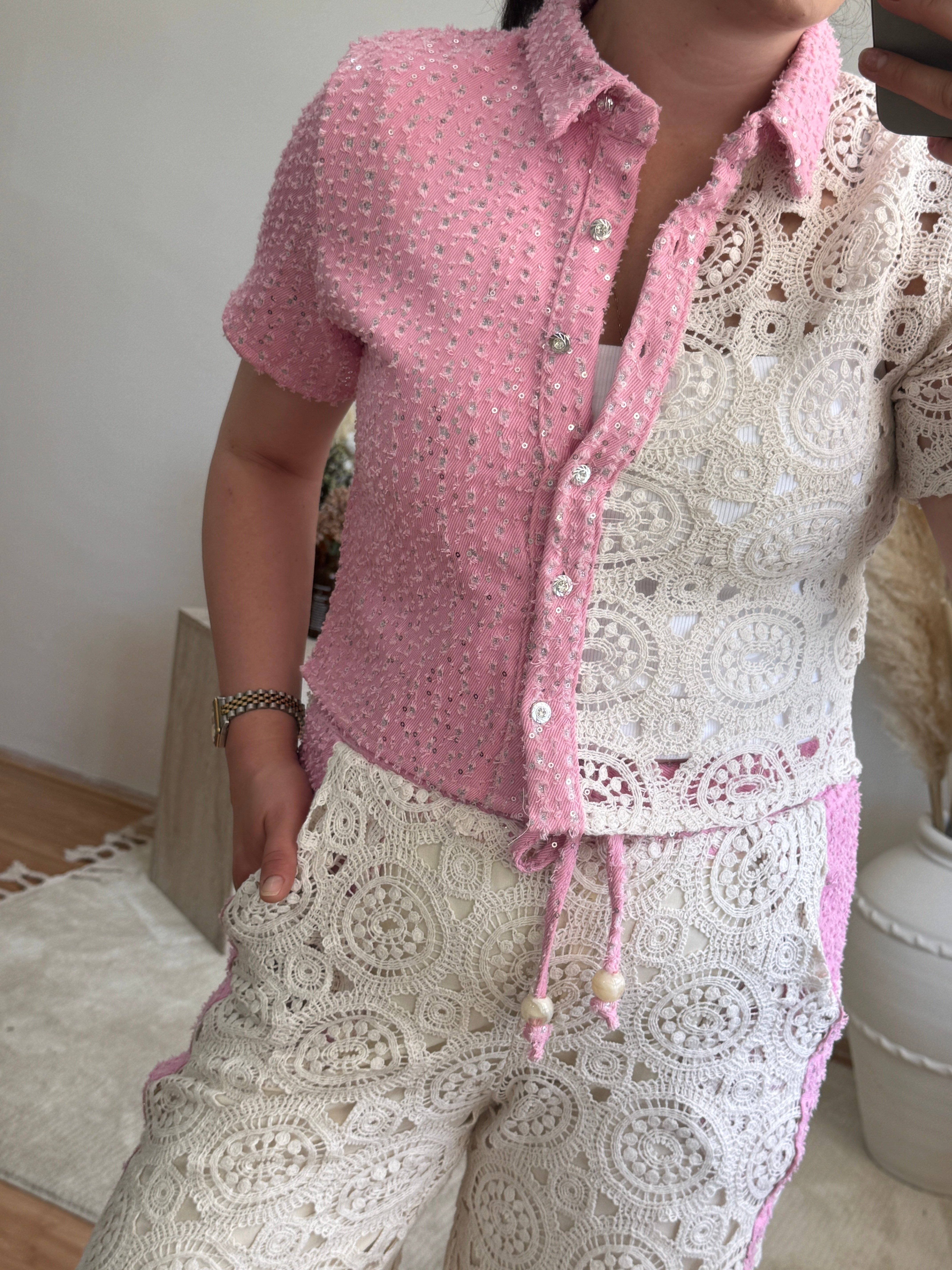 Tasarım Dantel Detay Gömlek-Pembe