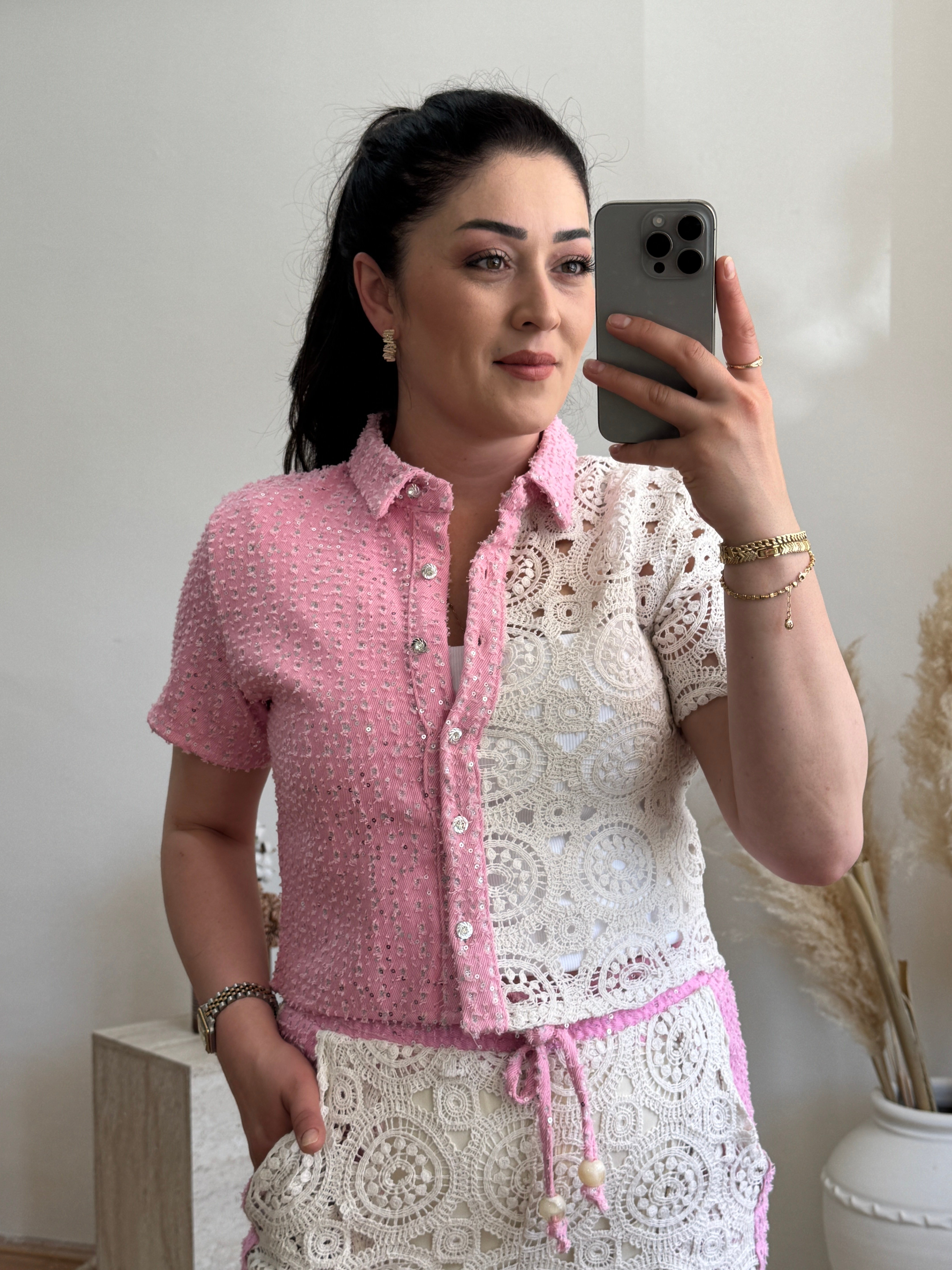 Tasarım Dantel Detay Gömlek-Pembe