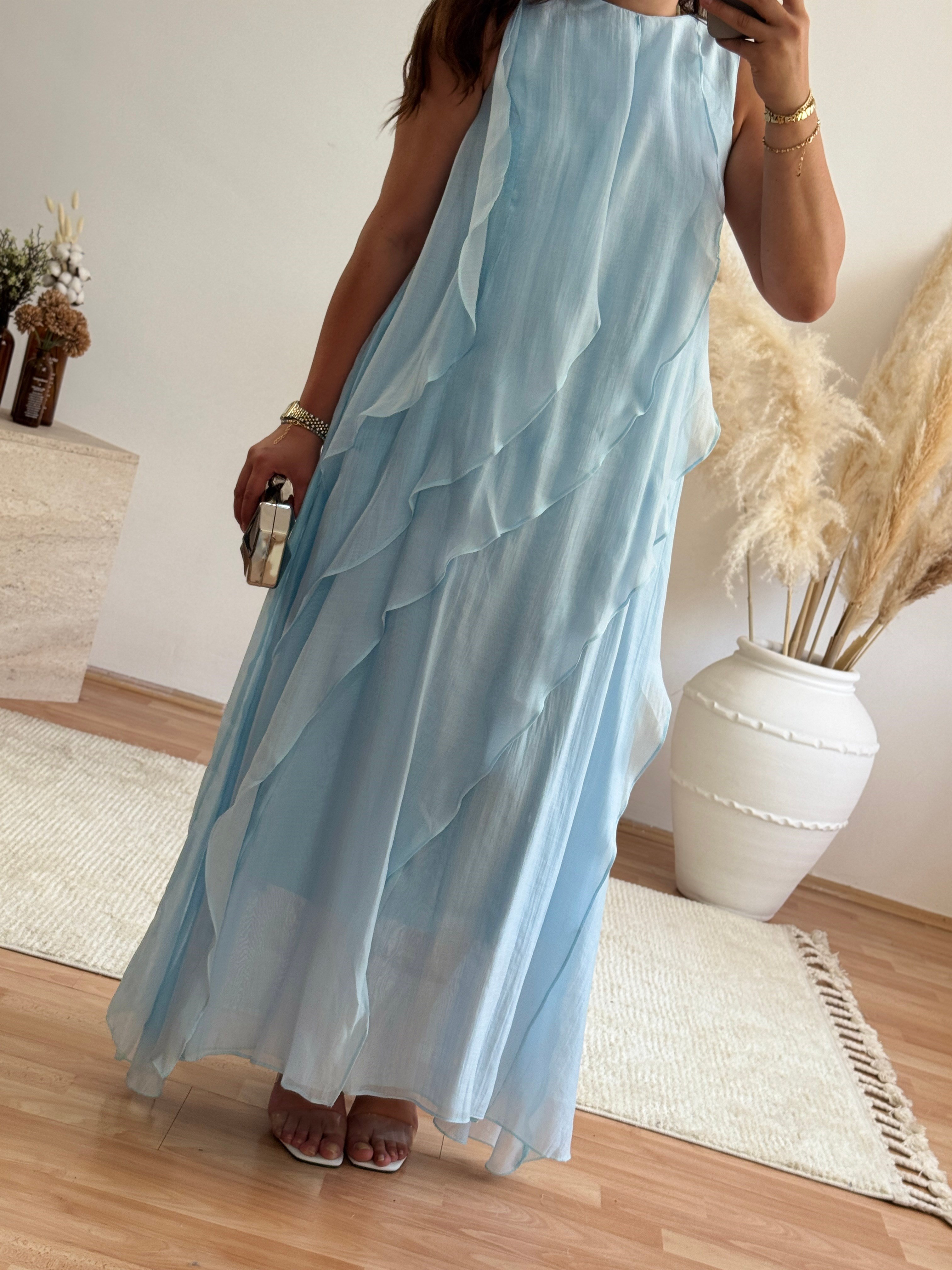 Volan Detaylı Maxi Elbise – Bebe Mavi
