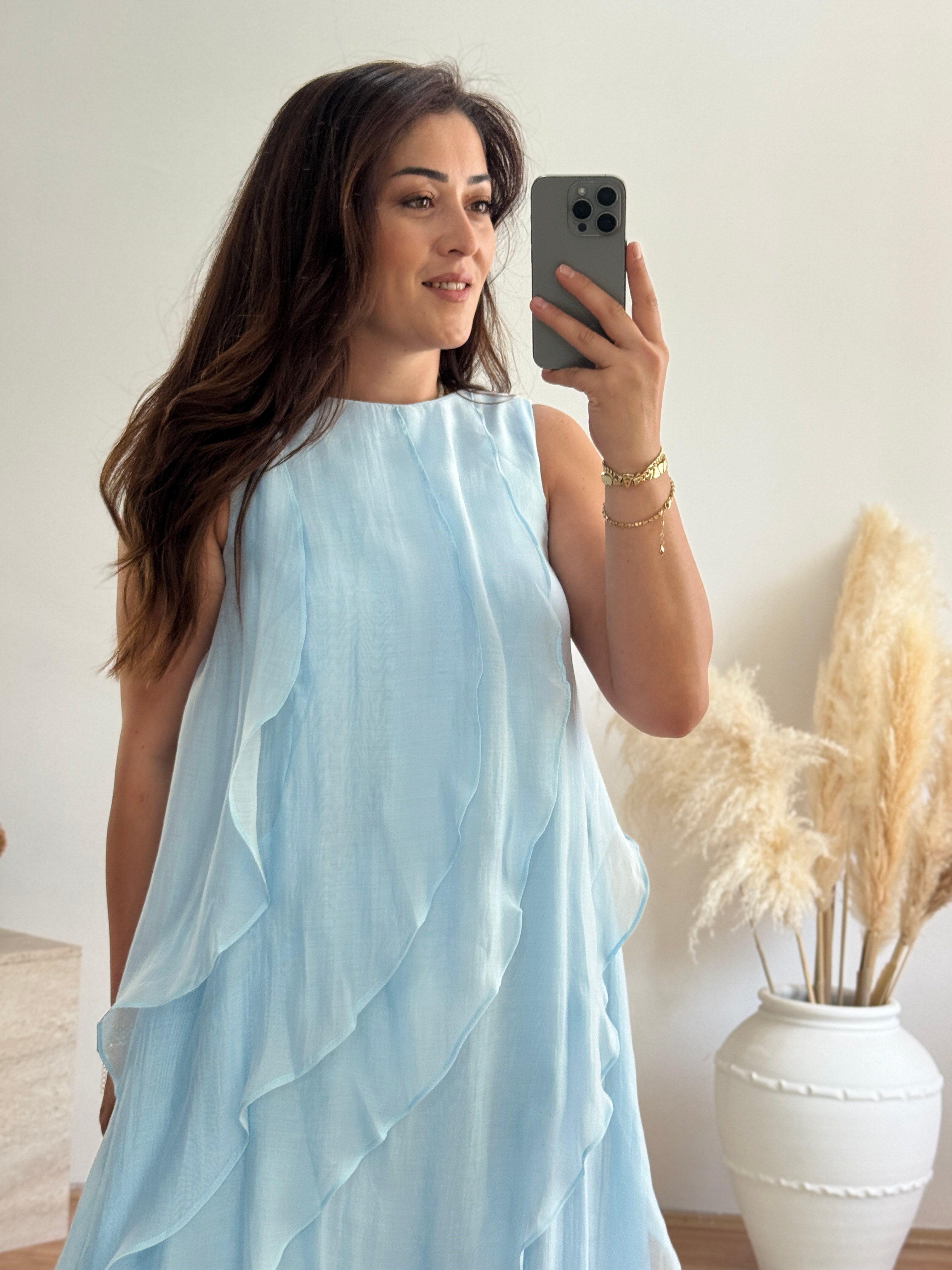 Volan Detaylı Maxi Elbise – Bebe Mavi