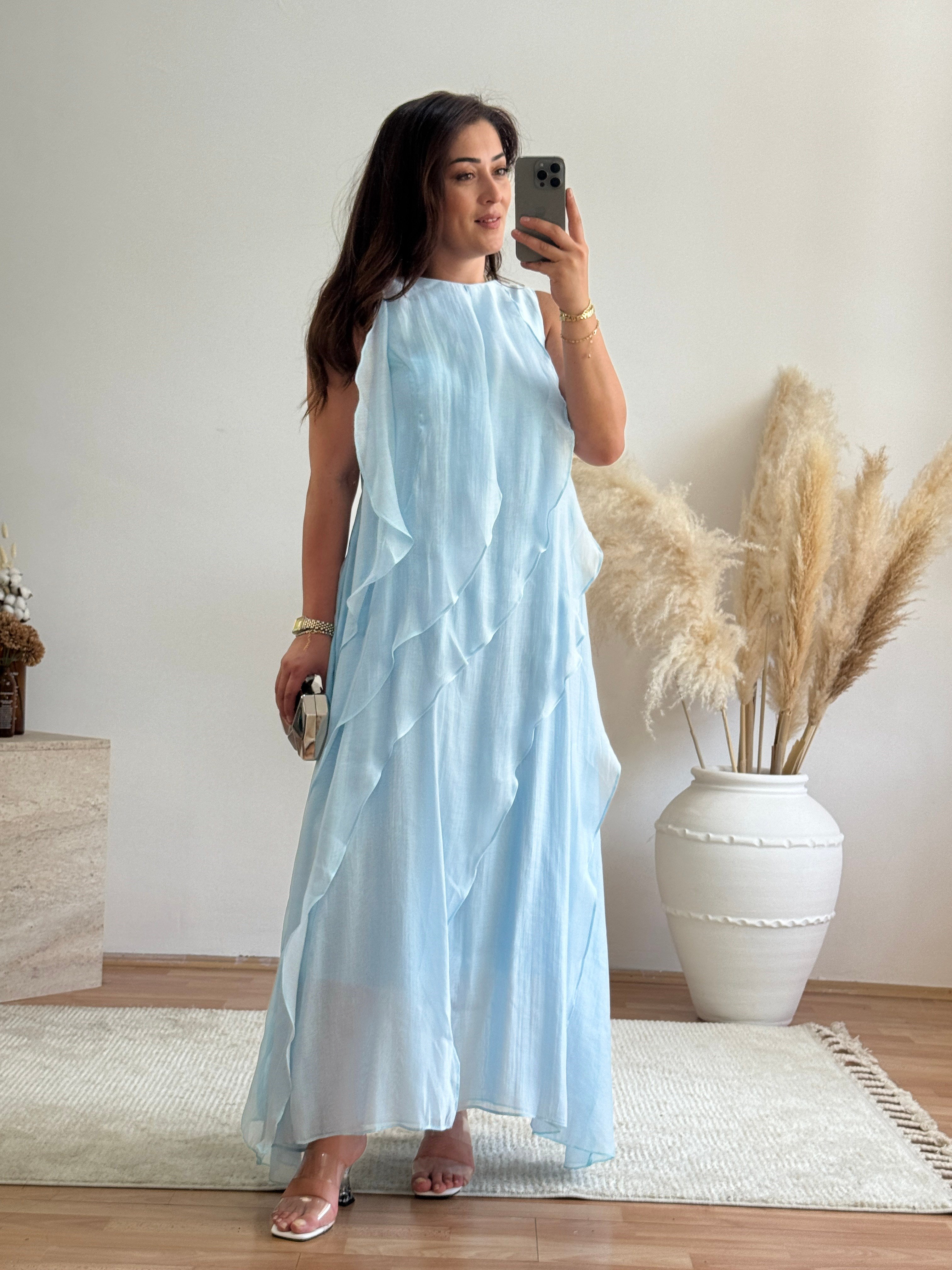 Volan Detaylı Maxi Elbise – Bebe Mavi