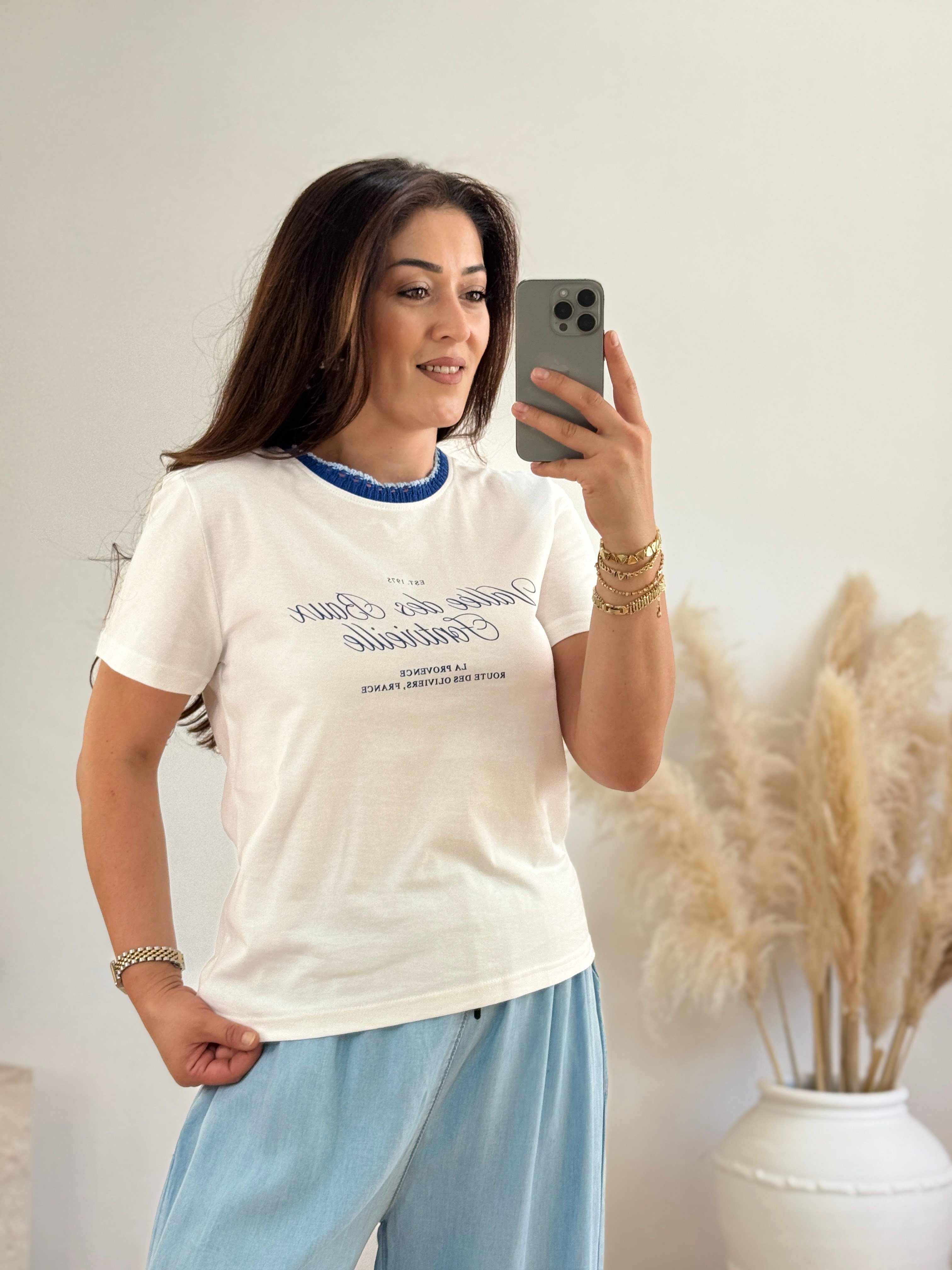 Yaka Detaylı Baskılı Basic Tişört-Mavi