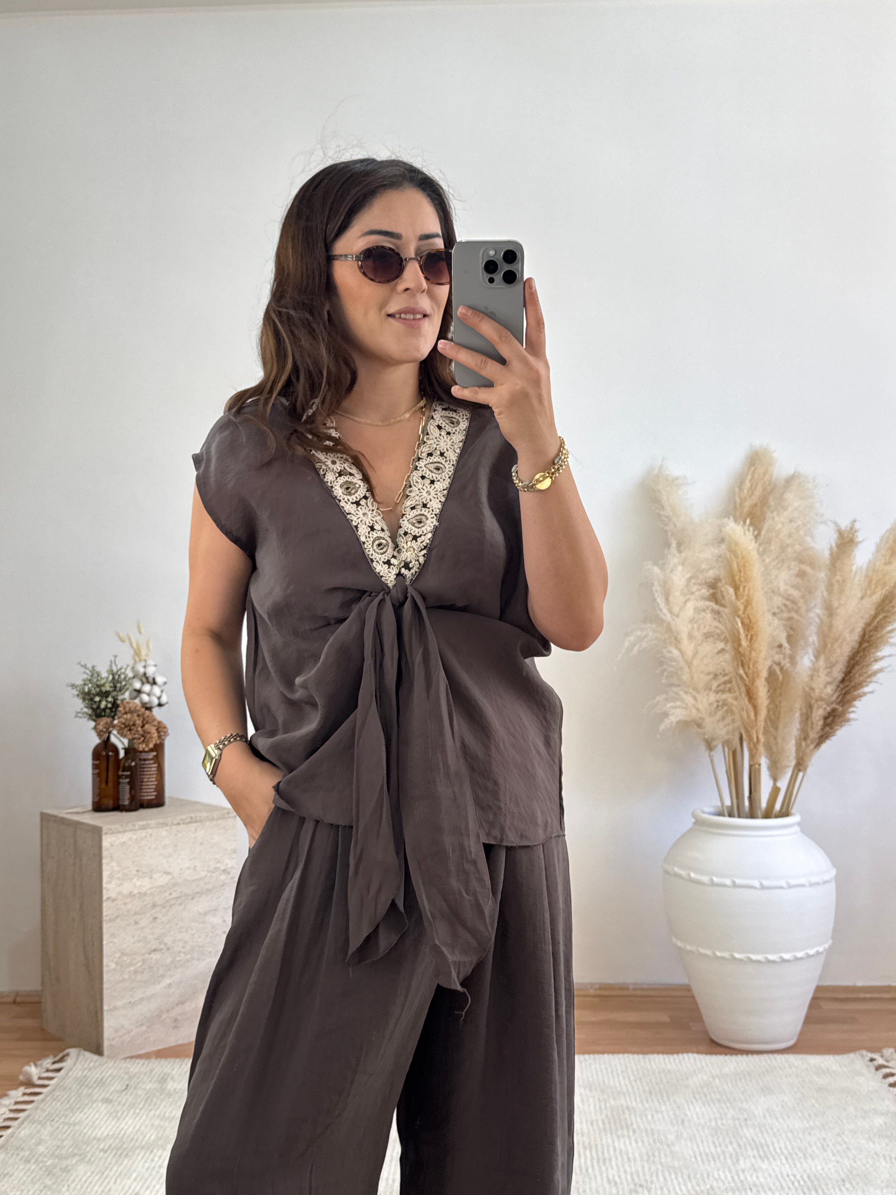 Yaka İşleme Detaylı Bluz-Kahve