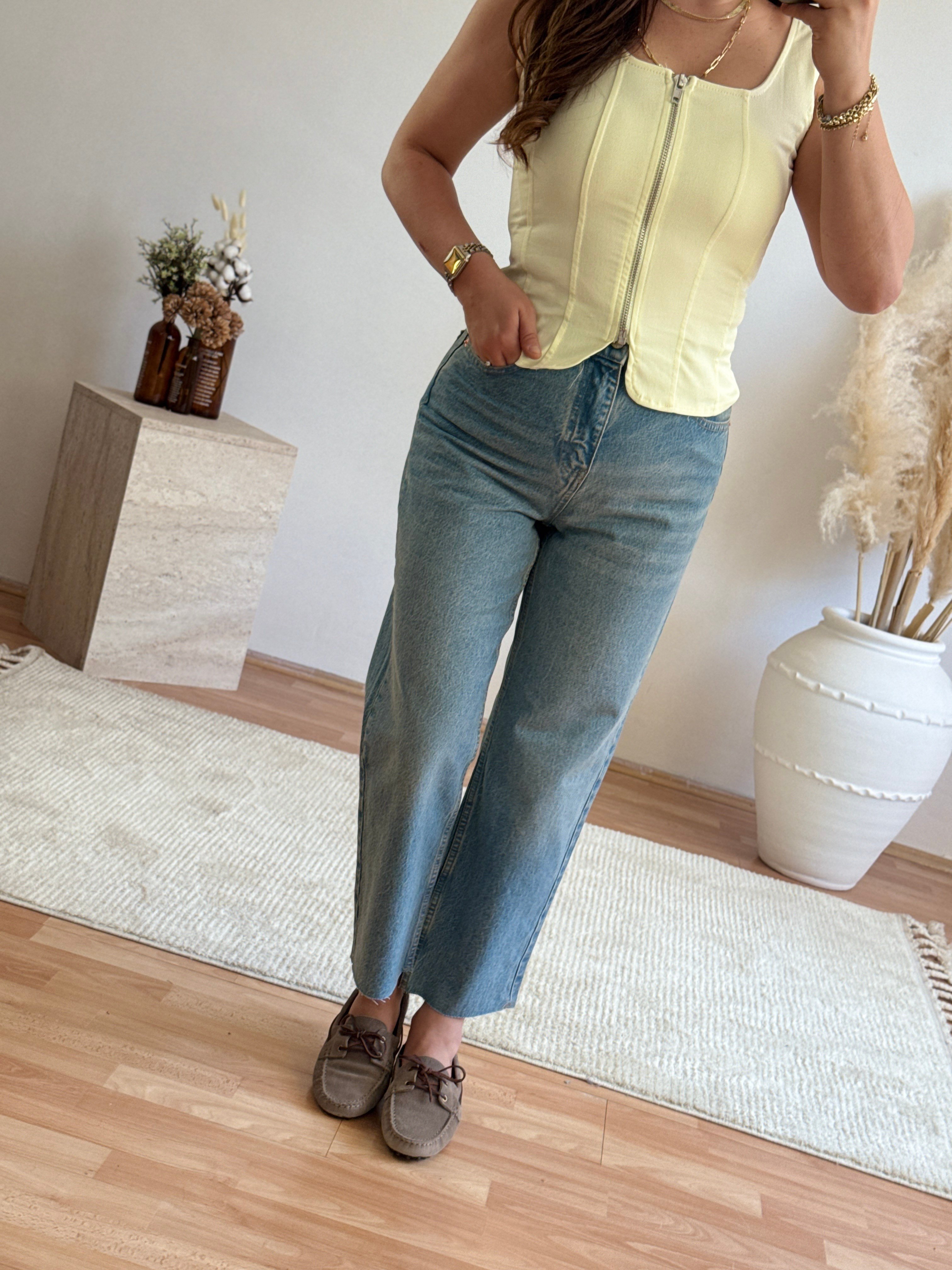 Zra Kesik Paça Mom Fit Jean-Yeşil Tint