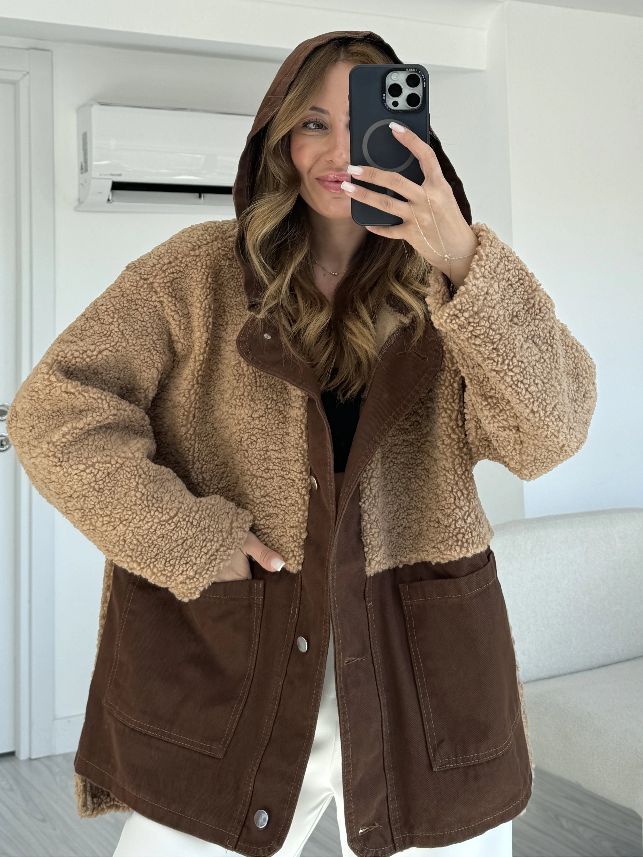 Acı Kahve Jean Detay Kapüşonlu Oversize Peluş Ceket