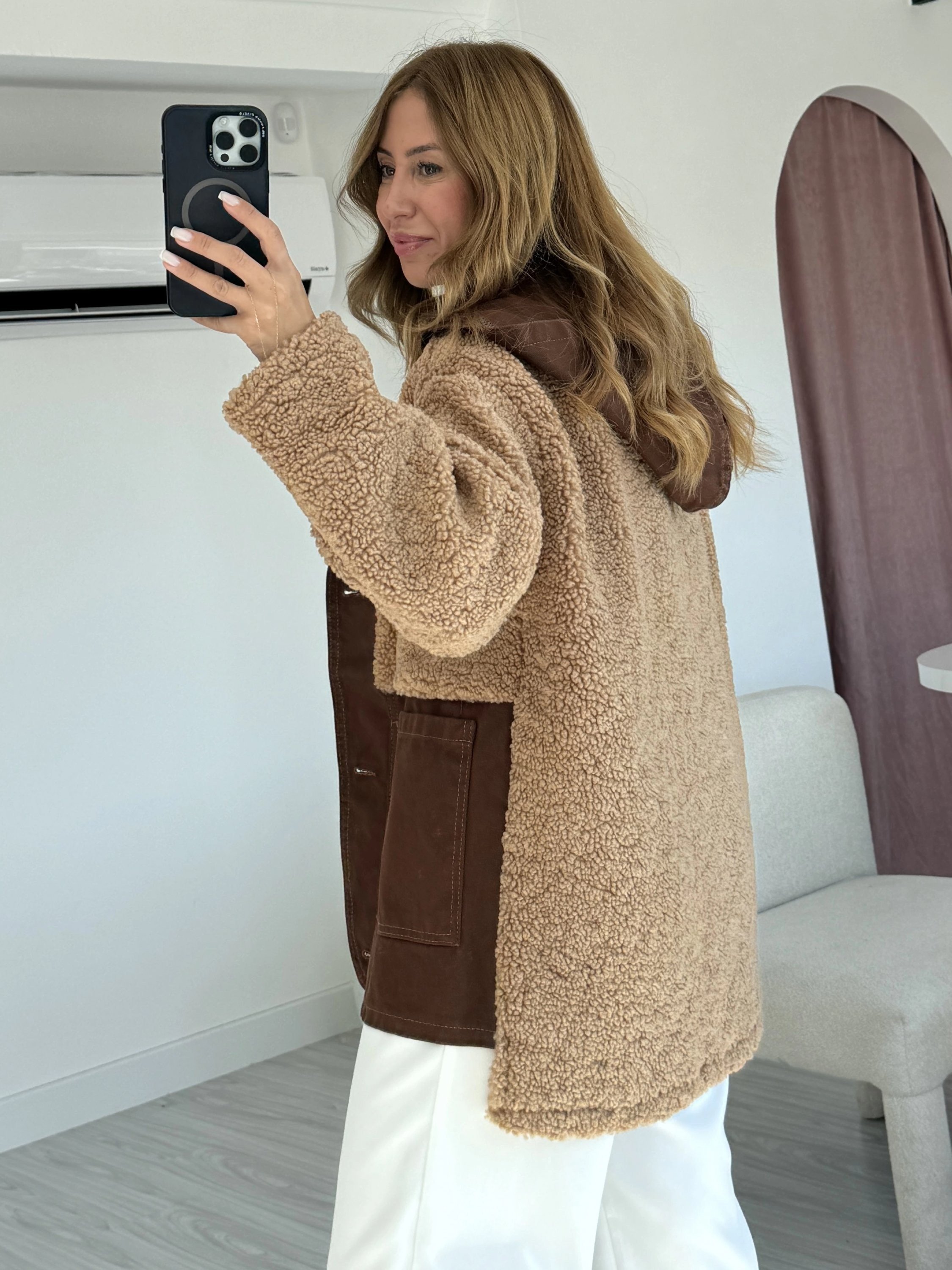 Acı Kahve Jean Detay Kapüşonlu Oversize Peluş Ceket