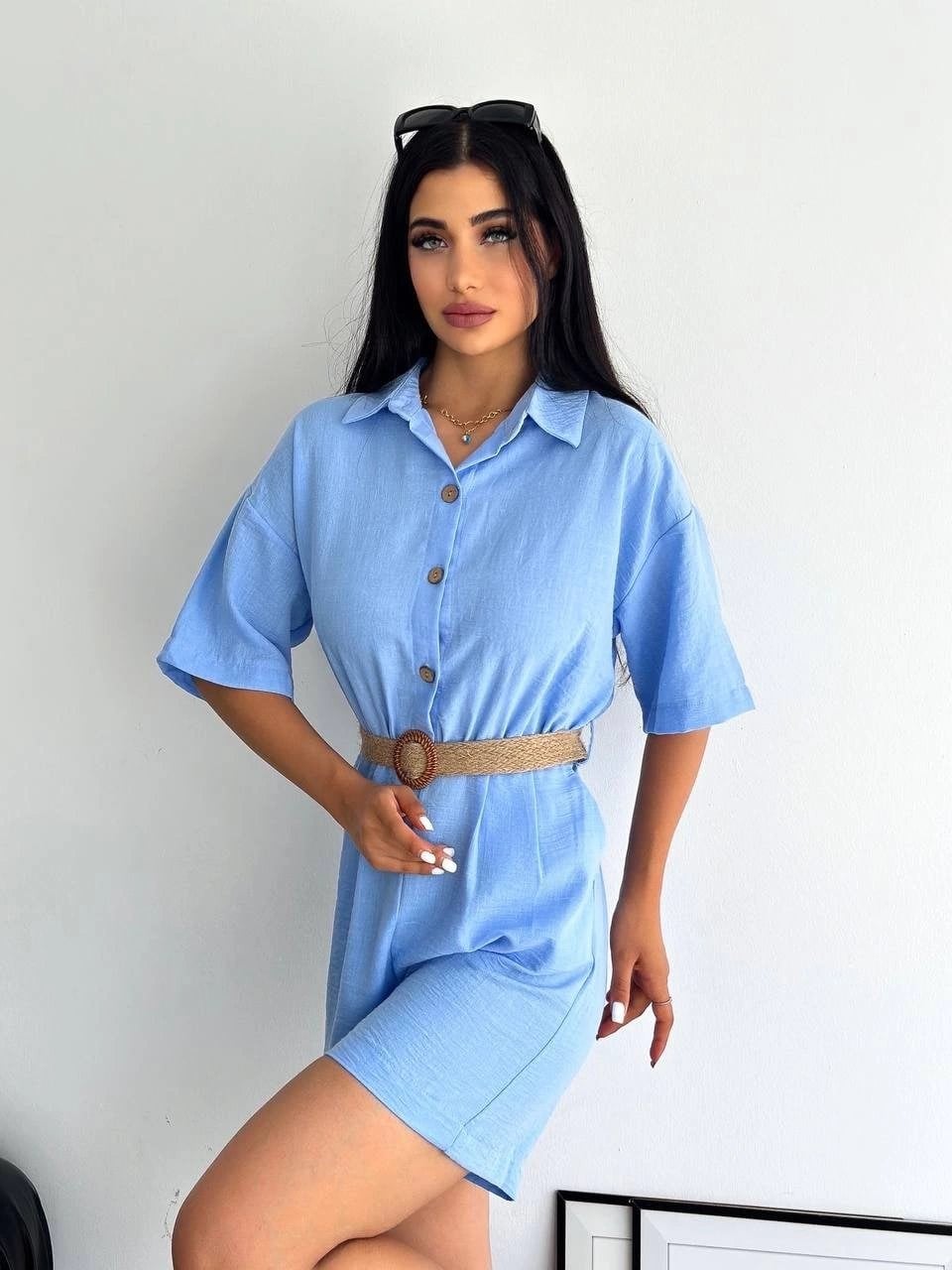 Bebe Mavi Hasır Kemerli Keten Tulum