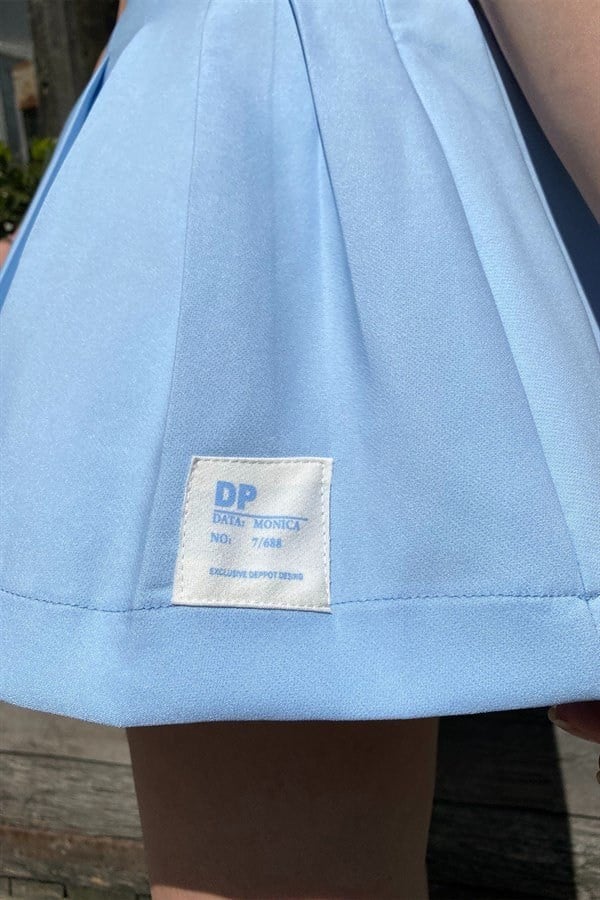 Bebe Mavi Yüksek Bel Pileli Mini Etek