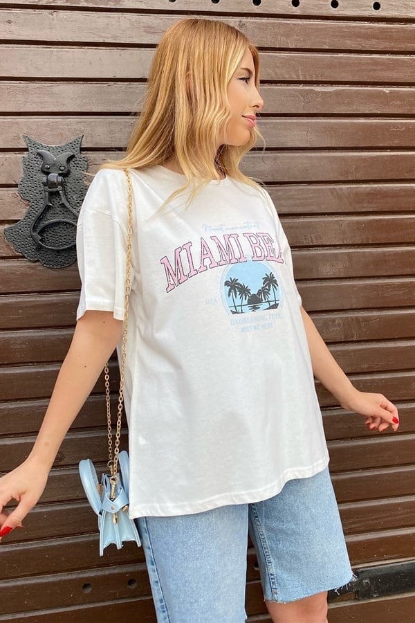 BEYAZ MIAMİ BEACH RENKLİ BASKILI BASIC TSHIRT