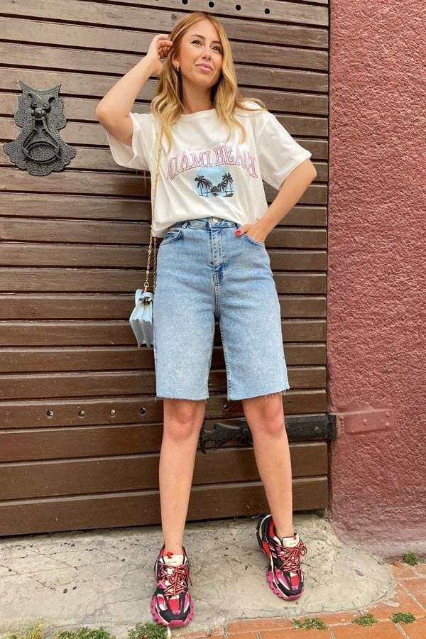 BEYAZ MIAMİ BEACH RENKLİ BASKILI BASIC TSHIRT