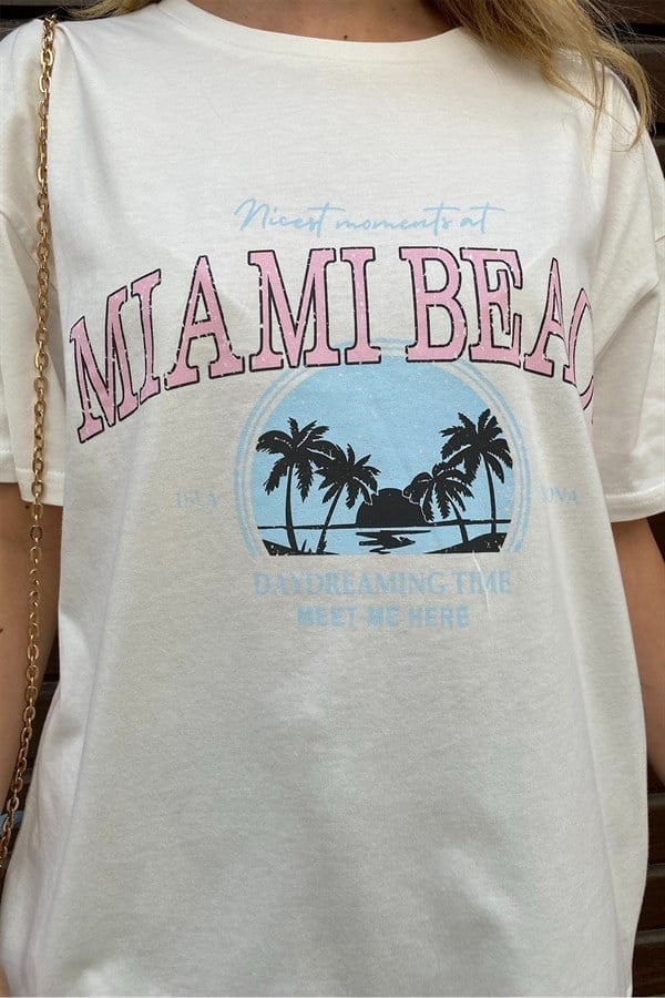BEYAZ MIAMİ BEACH RENKLİ BASKILI BASIC TSHIRT