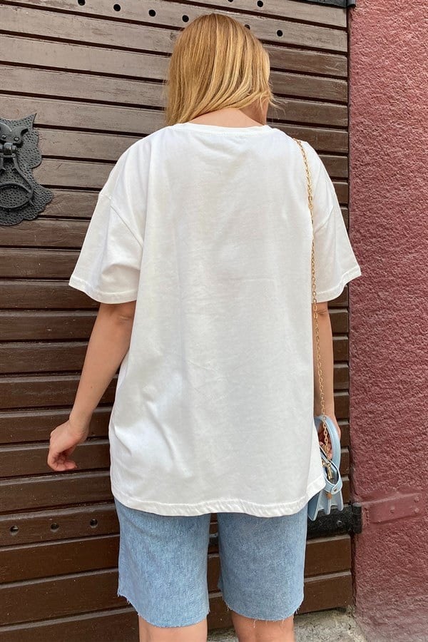 BEYAZ MIAMİ BEACH RENKLİ BASKILI BASIC TSHIRT