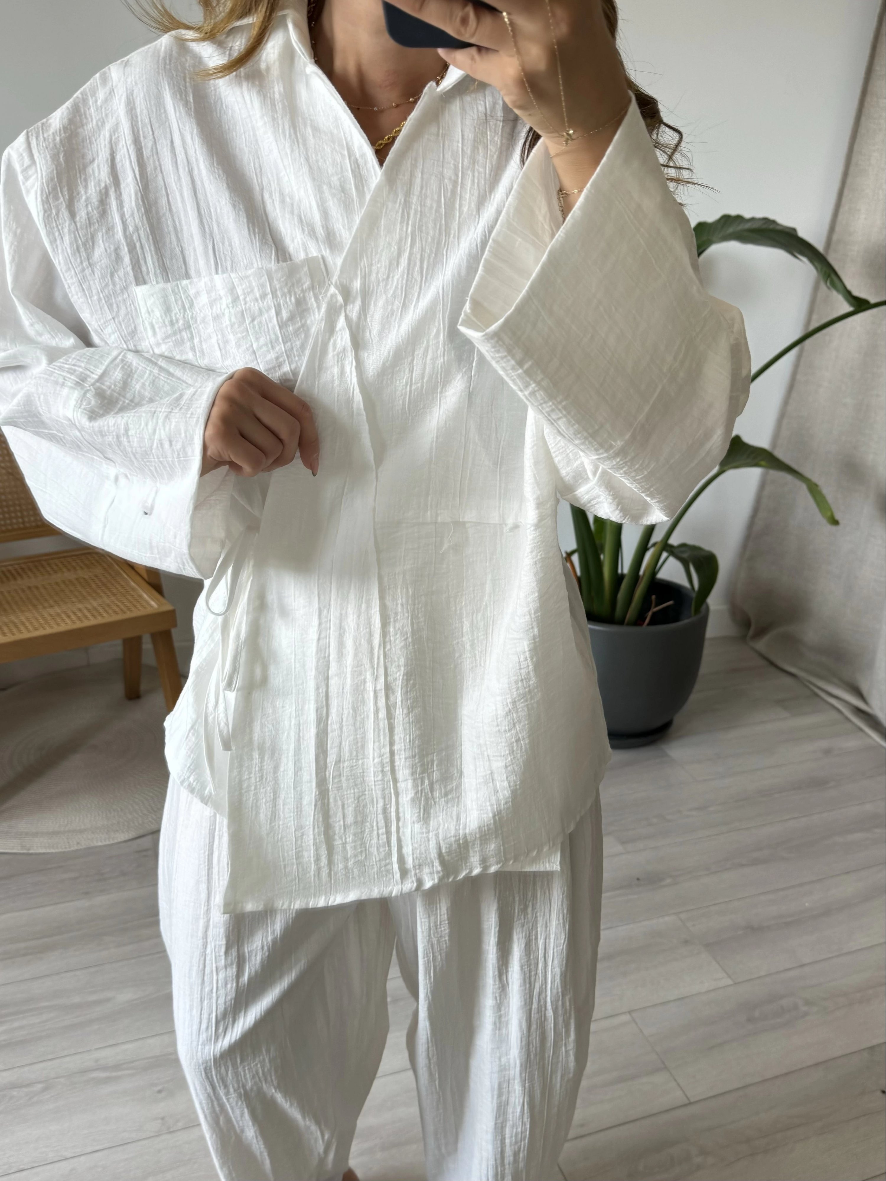 Beyaz Paraşt %100 Cotton Pantolonlu Takım