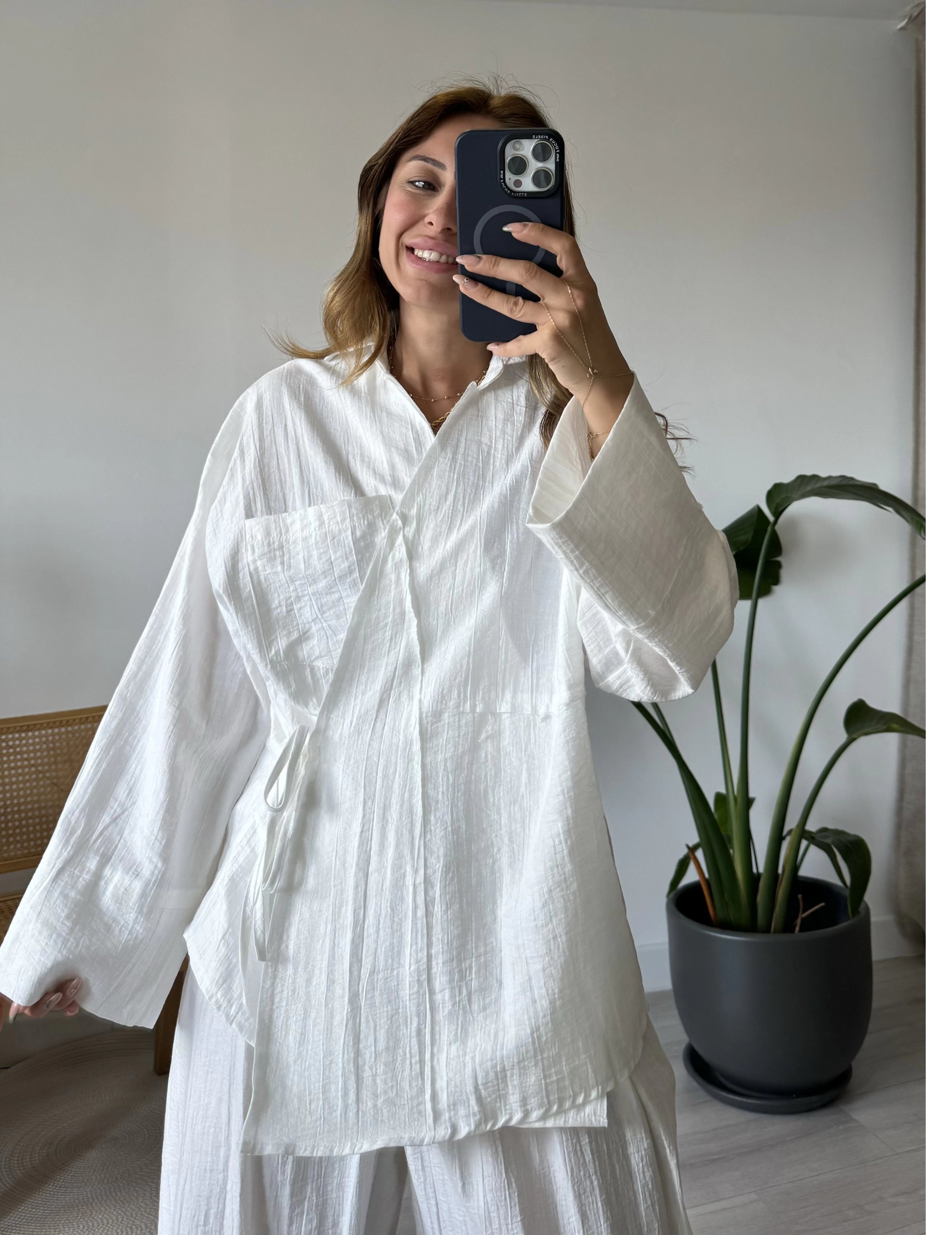Beyaz Paraşt %100 Cotton Pantolonlu Takım