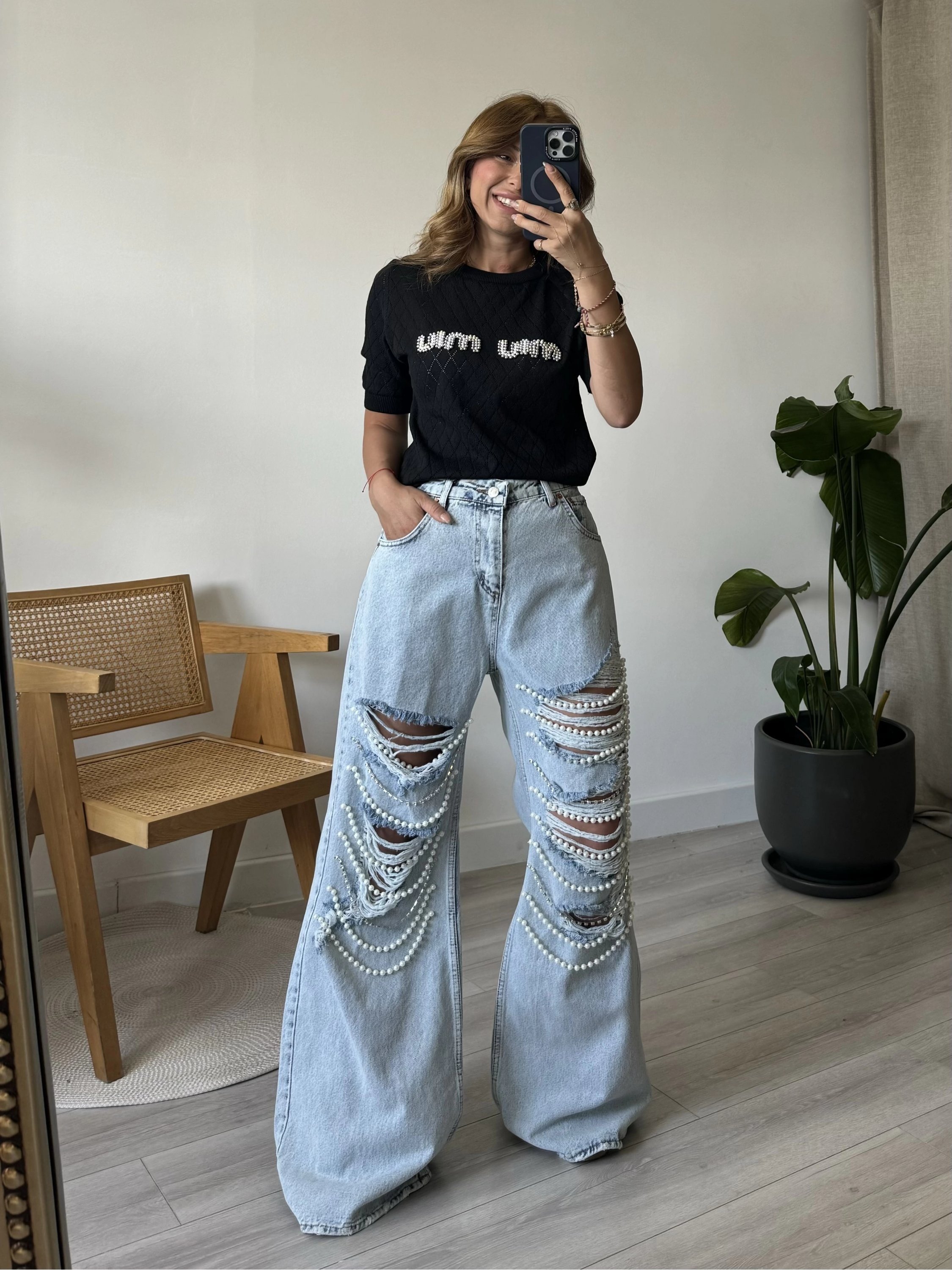 Blue Taşlı İncili Tasarım Jean