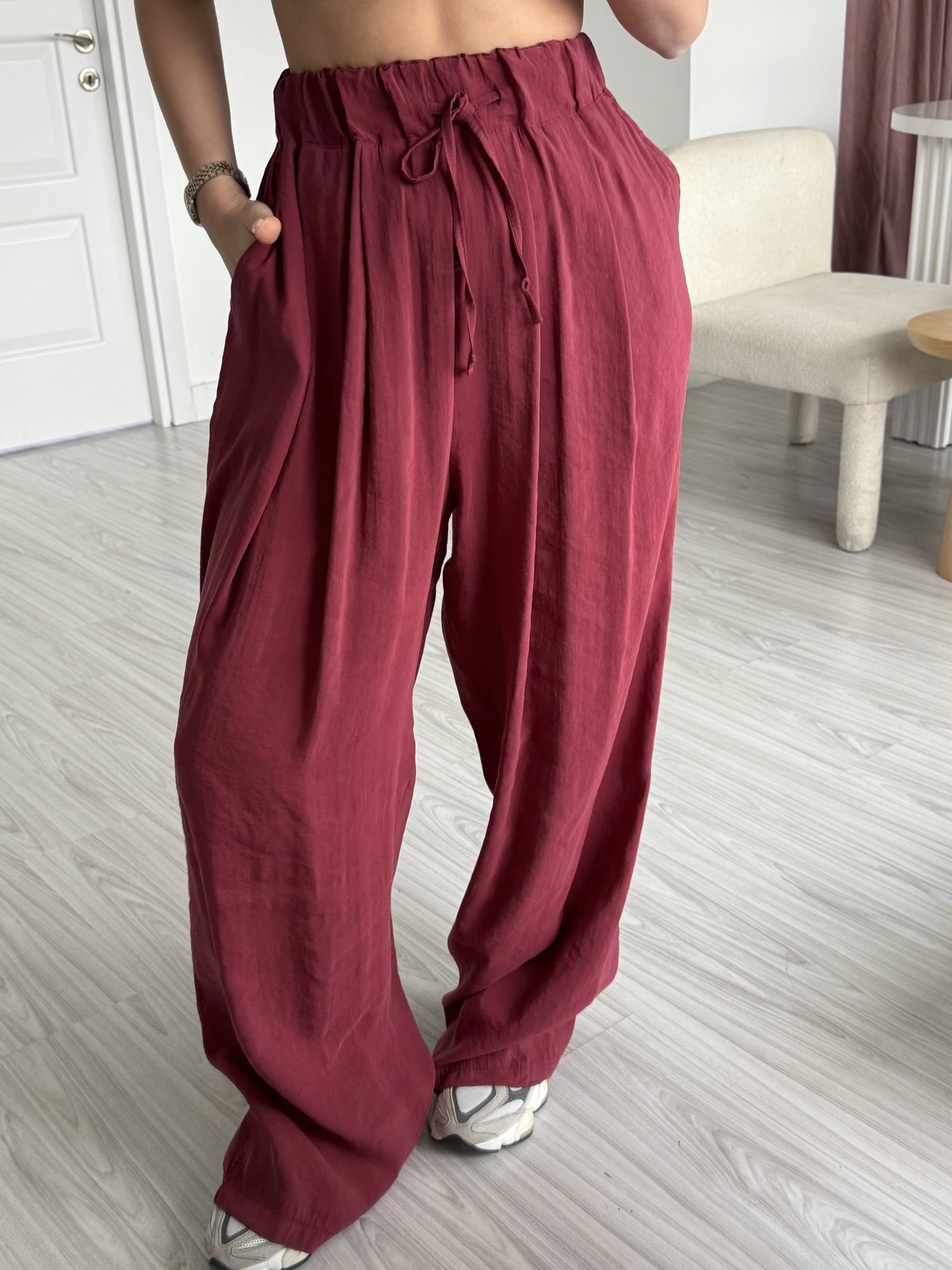 Bordo Beli Lastikli Yumuşacık Dokulu Pantolon