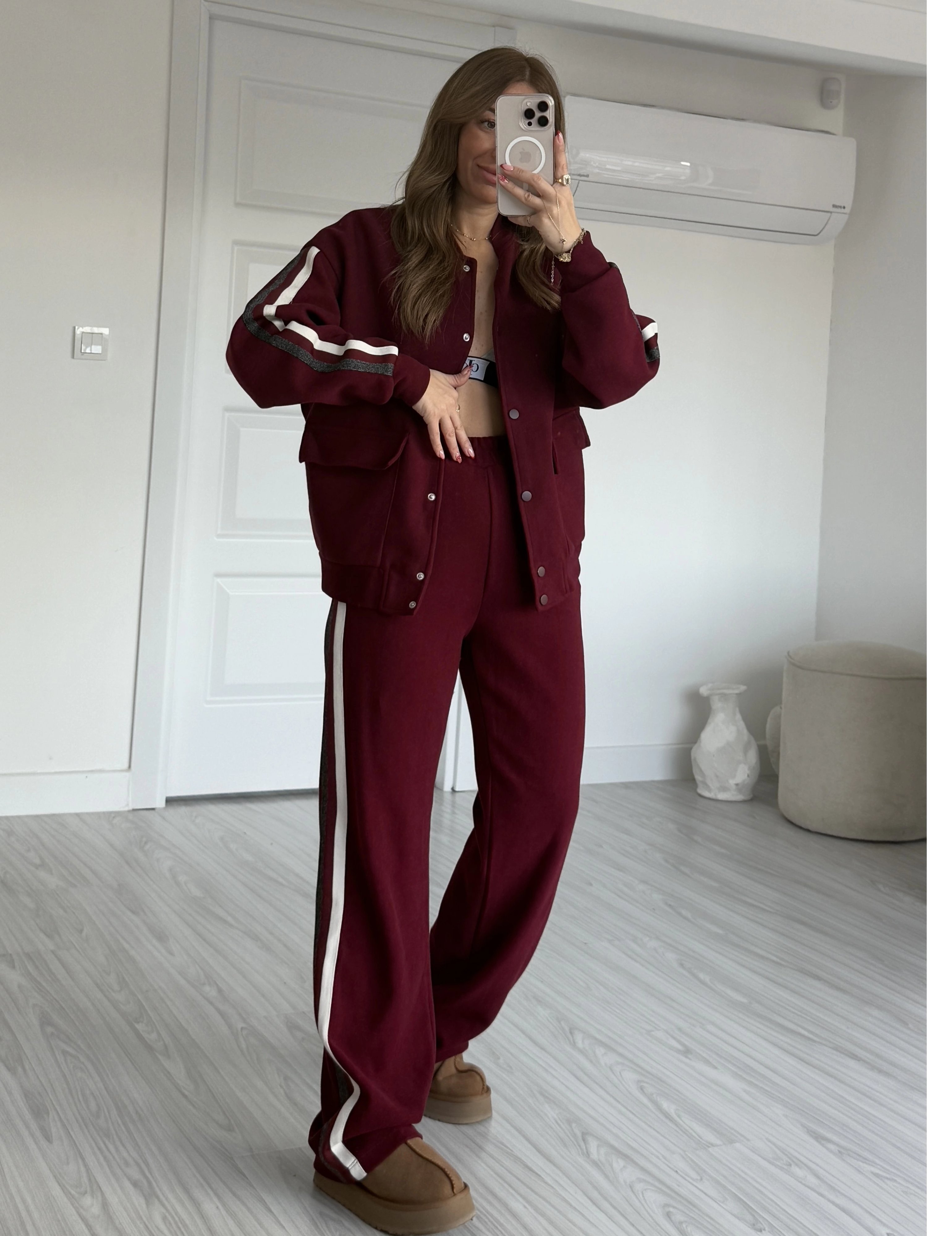 Bordo Çıtçıtlı Bomber Ceket Eşofman Takım