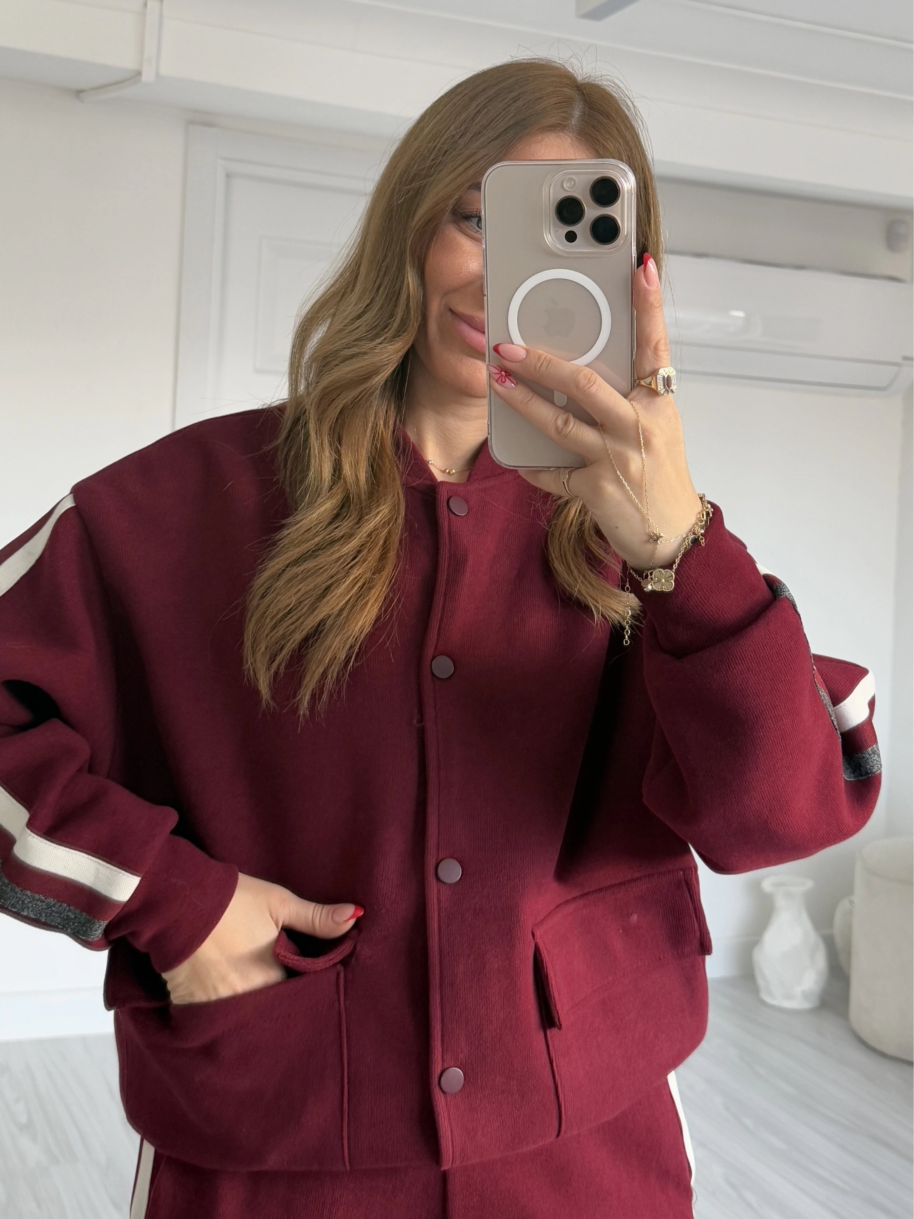 Bordo Çıtçıtlı Bomber Ceket Eşofman Takım