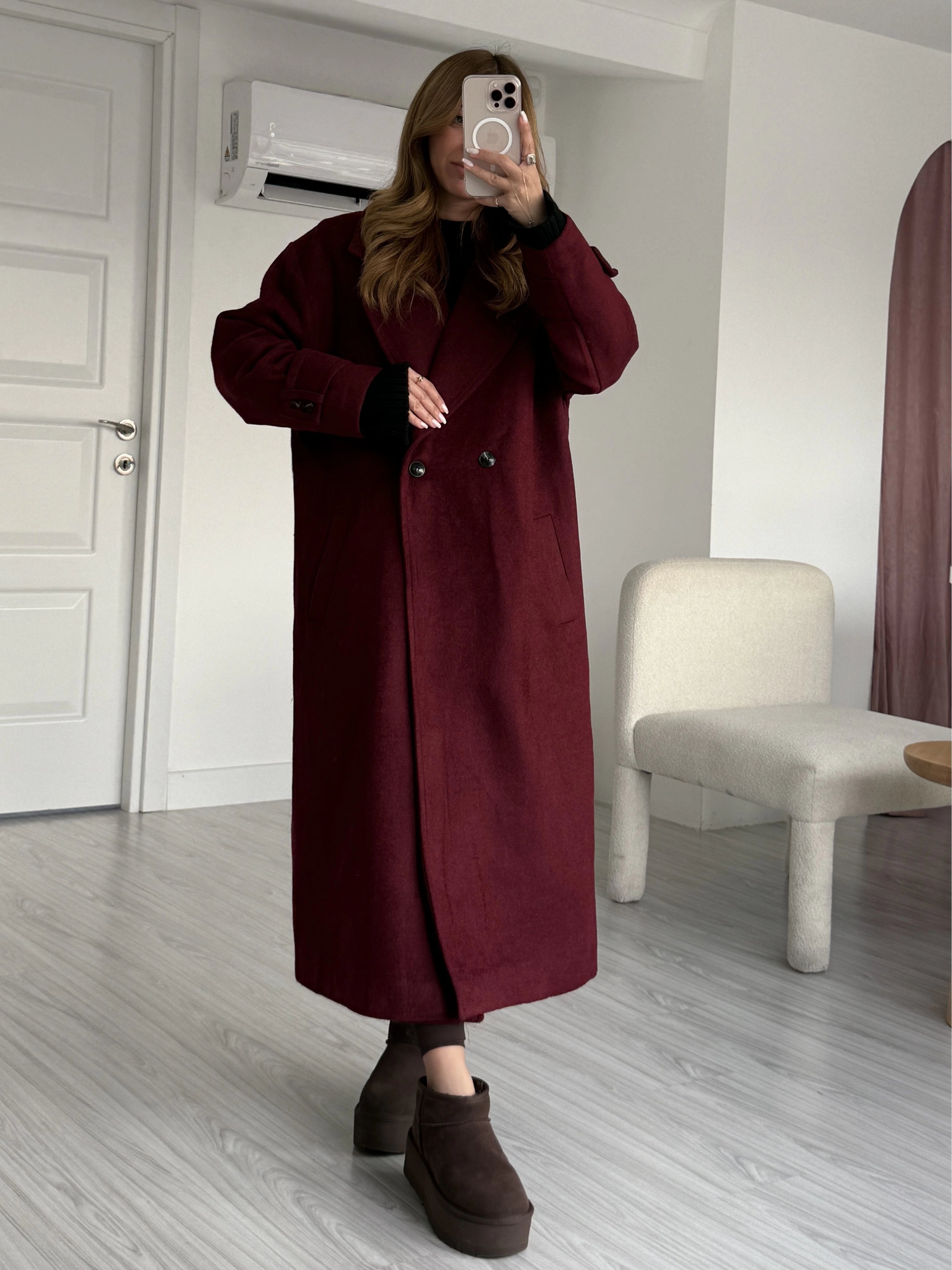 Bordo Kruvaze Yaka Kaşe Kaban