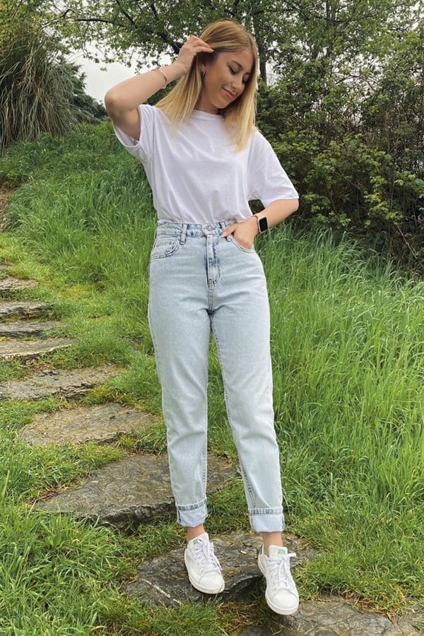BUZ MAVİ YÜKSEK BEL MOM JEAN