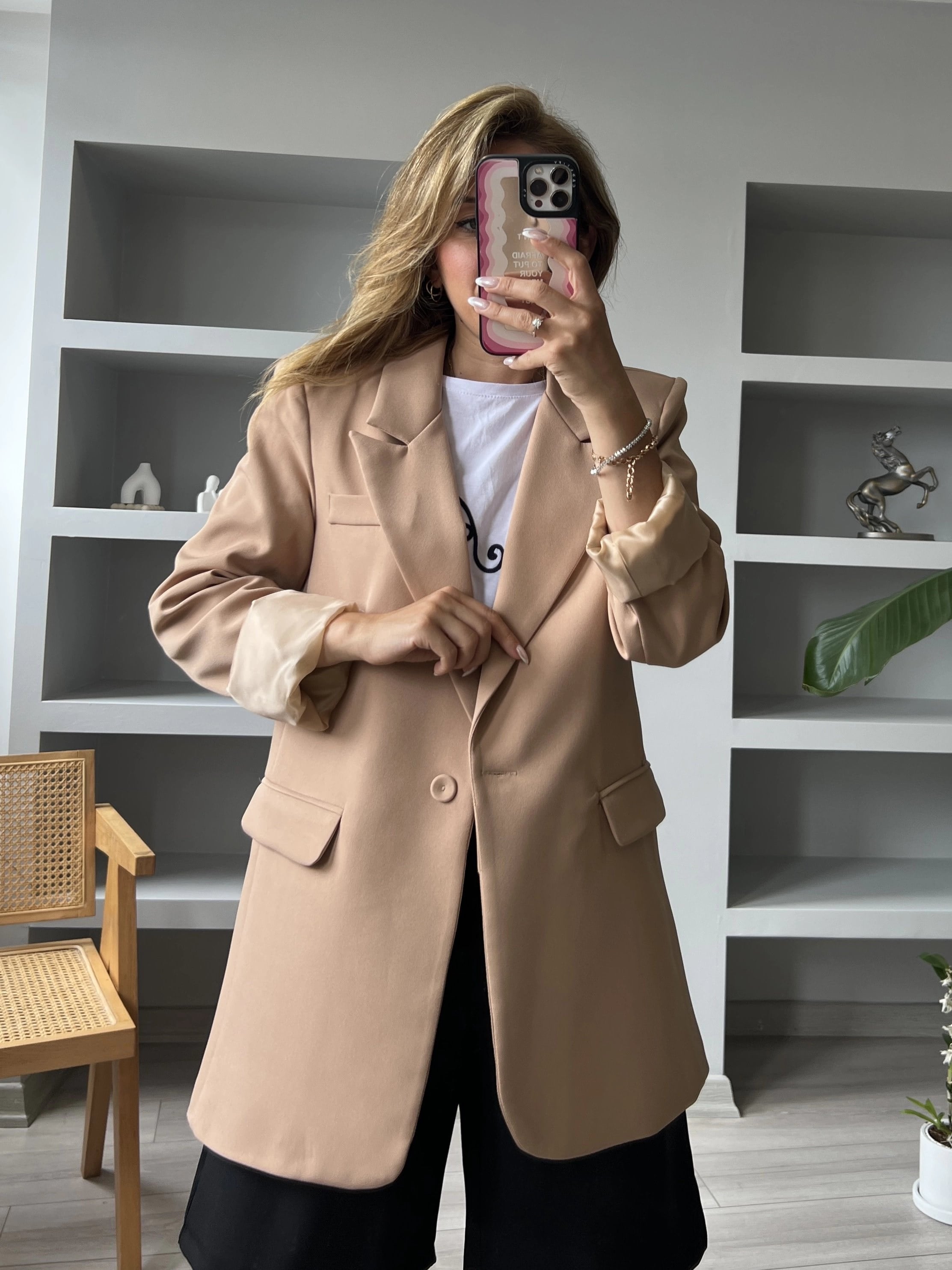 Camel Tek Düğme Salaş Astarlı Ceket