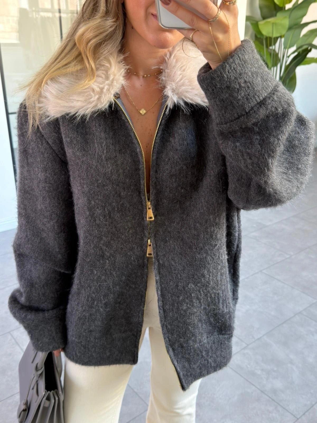 CAMEL YAKASI KÜRK DETAYLI HIRKA